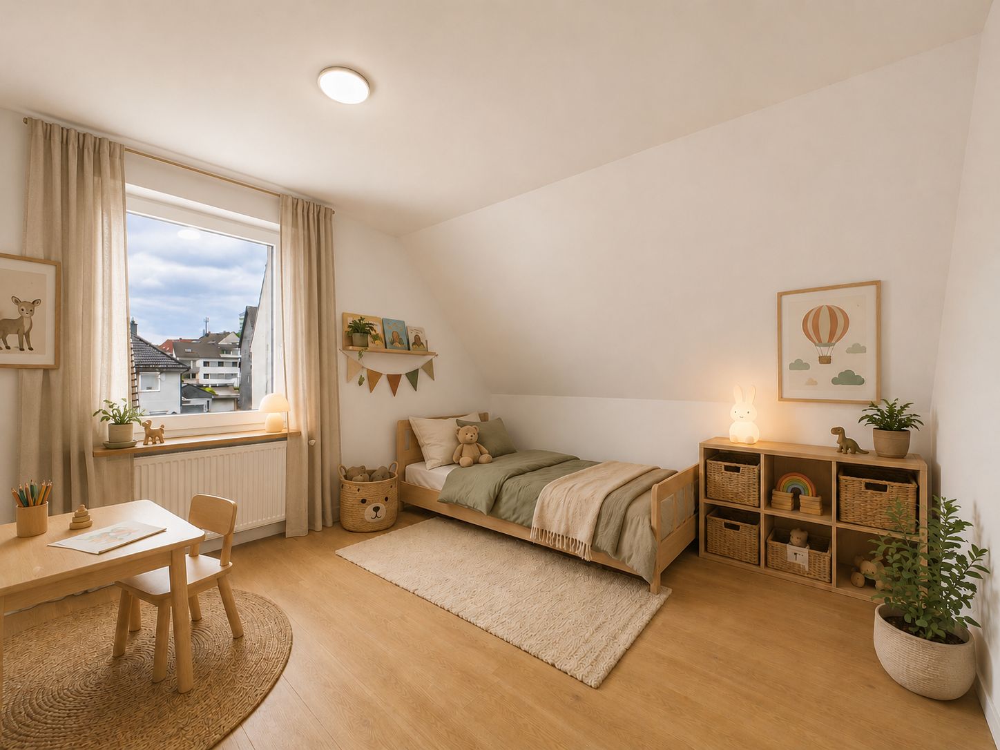 Helles Kinderzimmer mit Einzelbett, kleinem Tisch, Regal und Dekorationen.