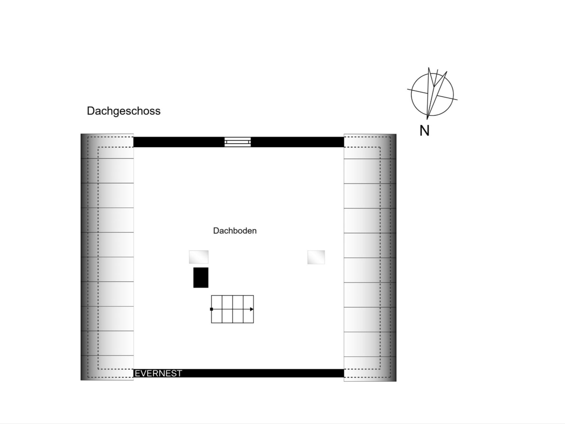Grundriss des Dachgeschosses mit Dachboden und Treppe in der Mitte.