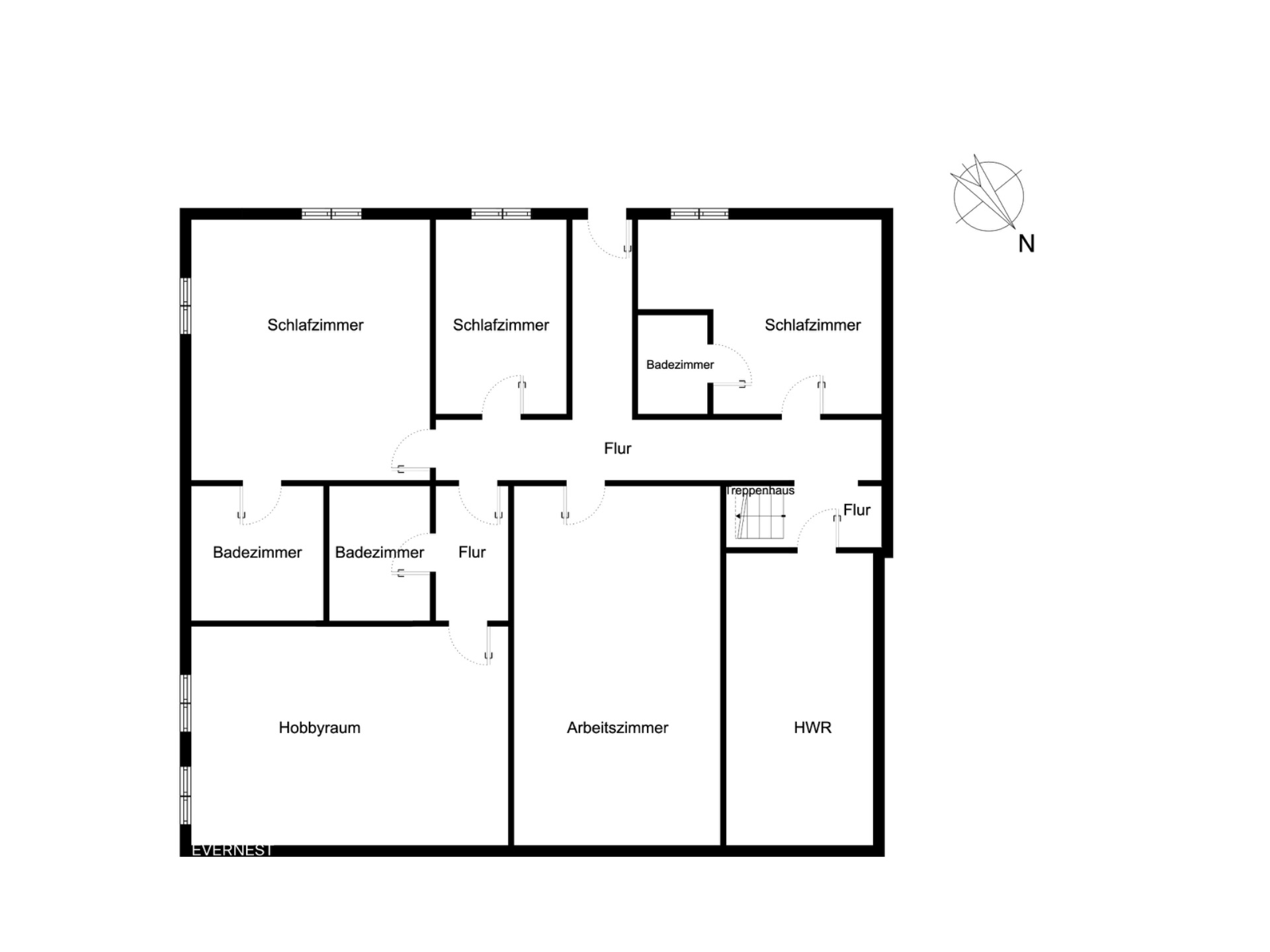 Grundriss mit drei Schlafzimmern, drei Bädern, Arbeitszimmer, Hobbyraum und HWR.