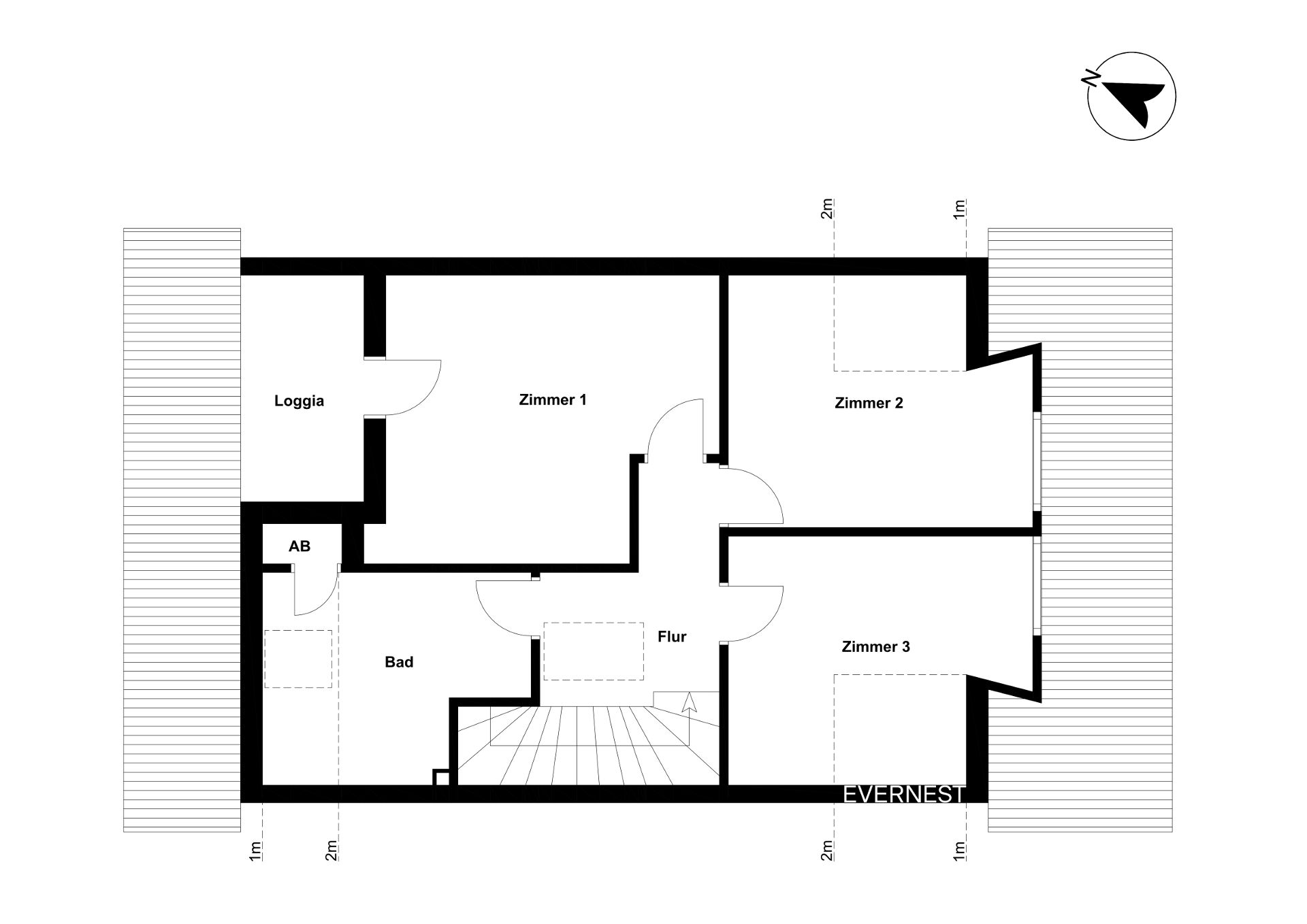 Grundriss mit drei Zimmern, Flur, Bad, Abstellraum und zwei Balkonen.