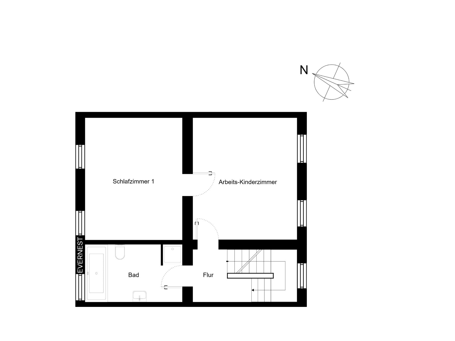 Grundriss mit Schlafzimmer, Arbeits-Kinderzimmer, Bad und Flur.