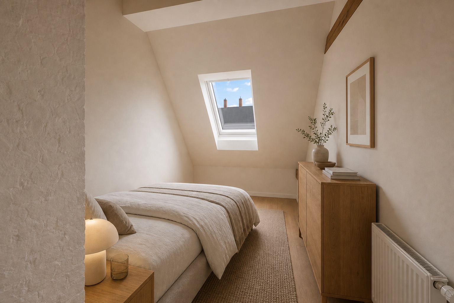 Helles Schlafzimmer mit Dachfenster, Bett, Kommode und Pflanzen auf einem Holzboden.
