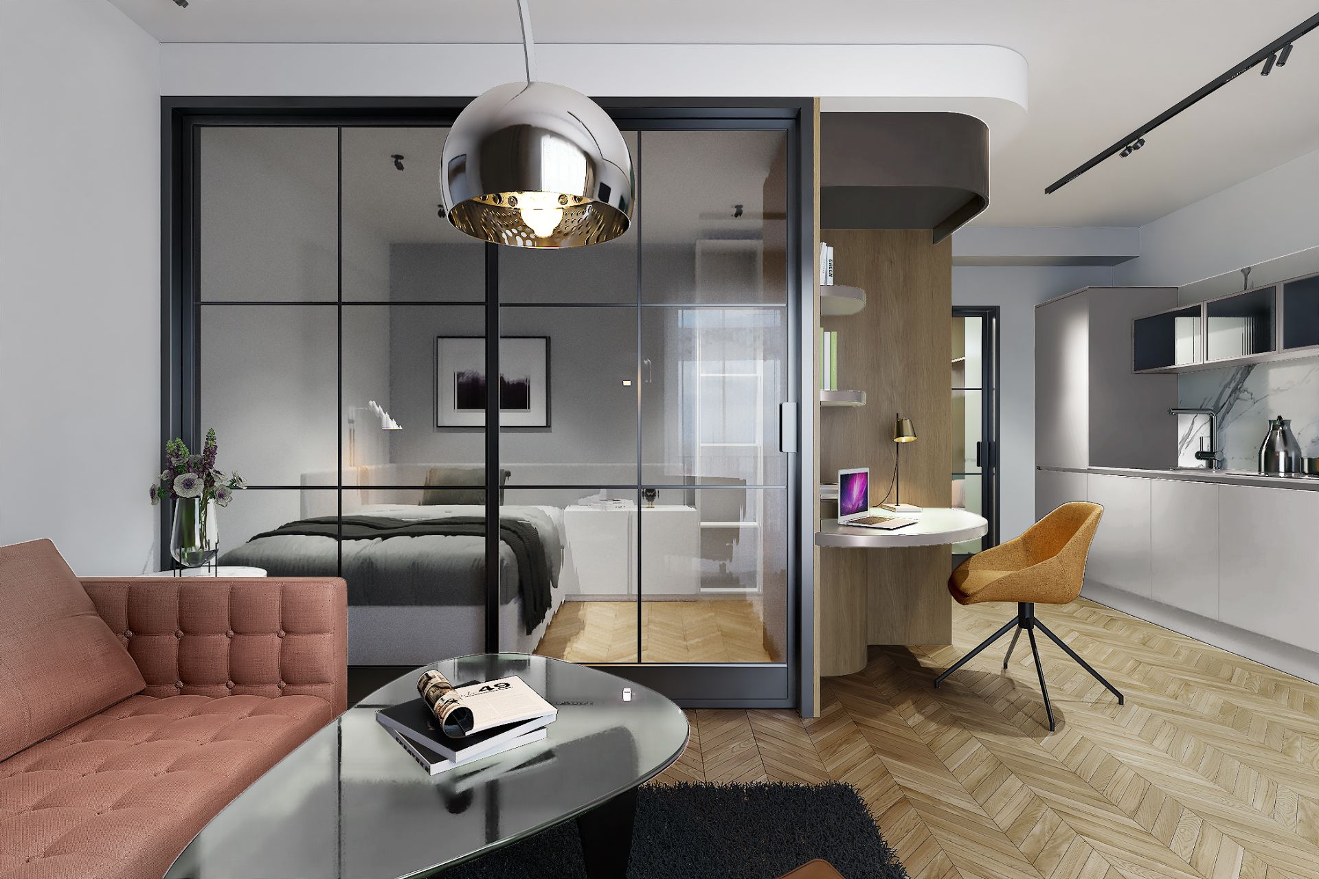 Modernes Wohnzimmer mit Sofa, Glastisch, Schreibtisch und Blick in ein Schlafzimmer hinter Glaswand.