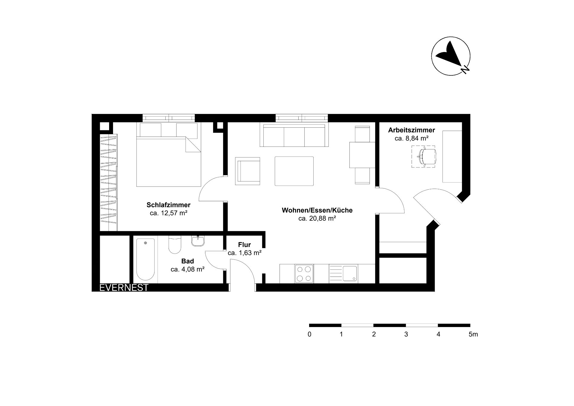 Grundriss einer Wohnung mit Schlafzimmer, Wohnzimmer, Bad, Flur und Arbeitszimmer.