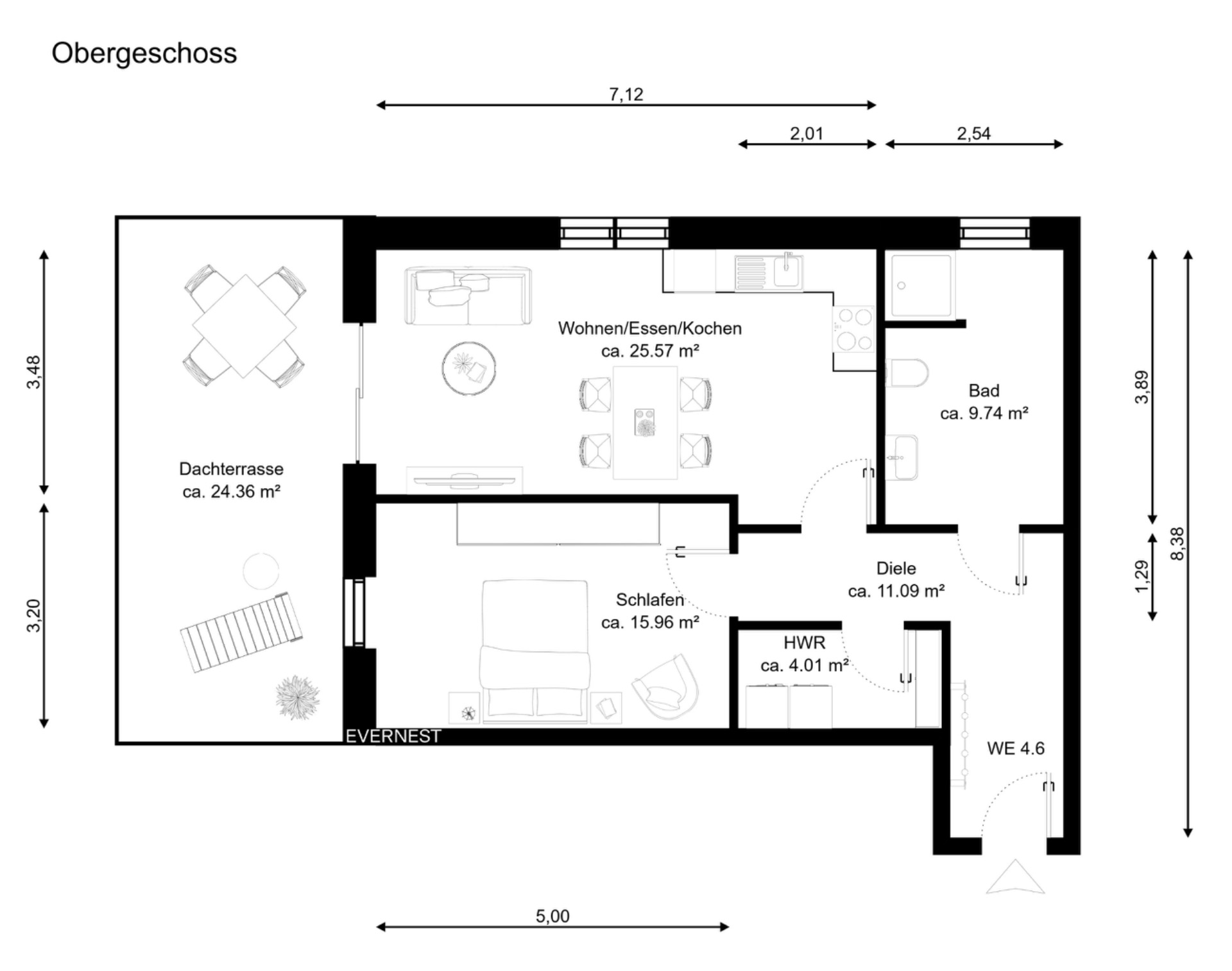 Grundriss eines Obergeschosses mit Schlafzimmer, Bad, Wohnbereich, Hauswirtschaftsraum und Dachterrasse.