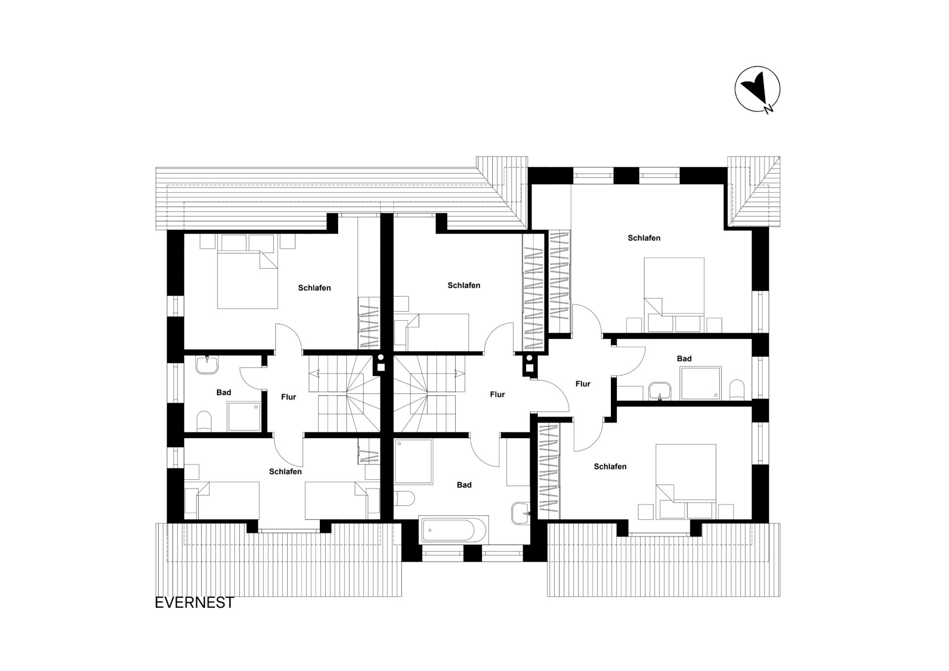 Grundriss mit mehreren Schlafzimmern, Bädern und Fluren, Räume klar beschriftet.