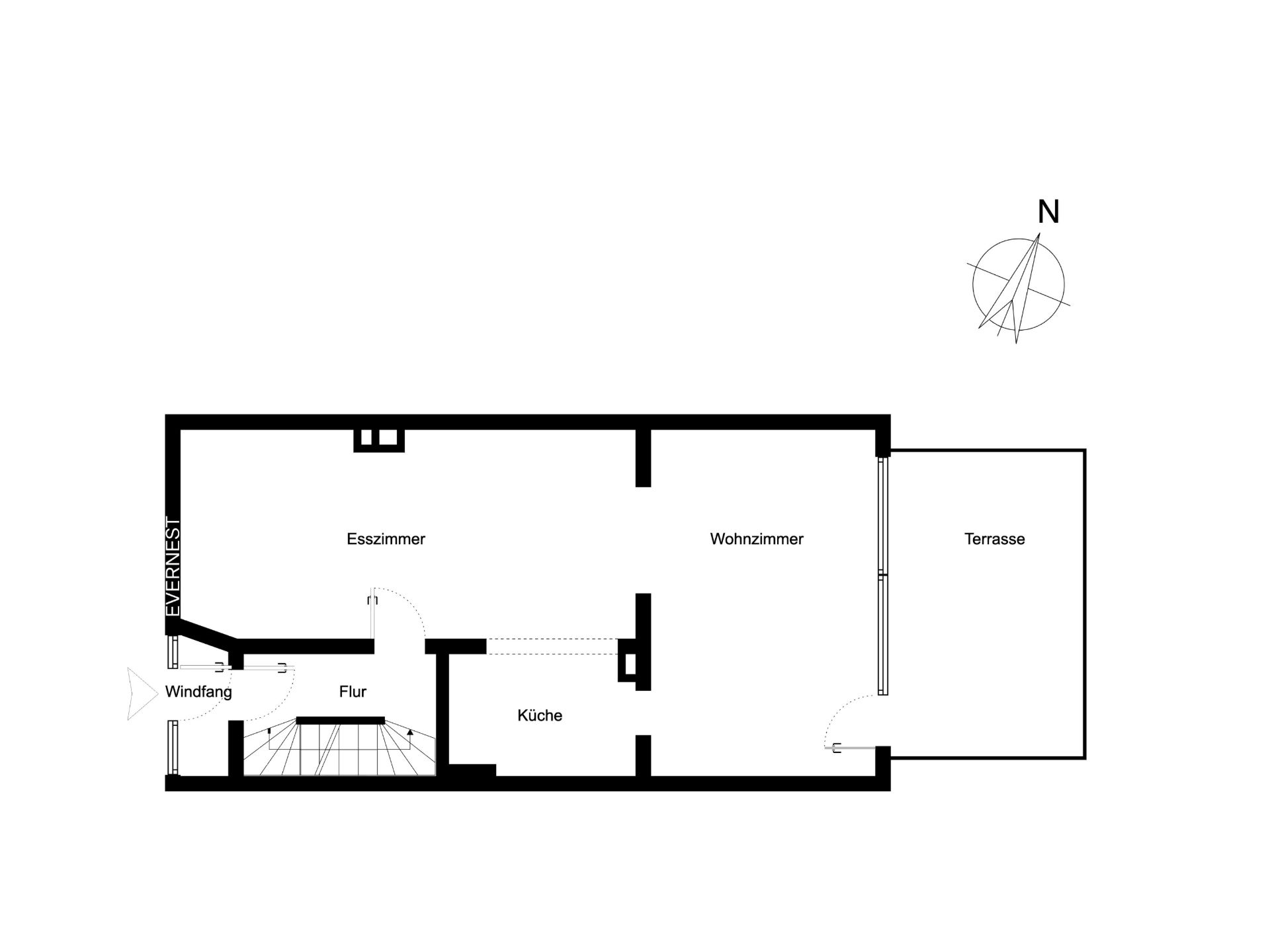 Grundriss mit Esszimmer, Wohnzimmer, Küche, Flur, Windfang und Terrasse.