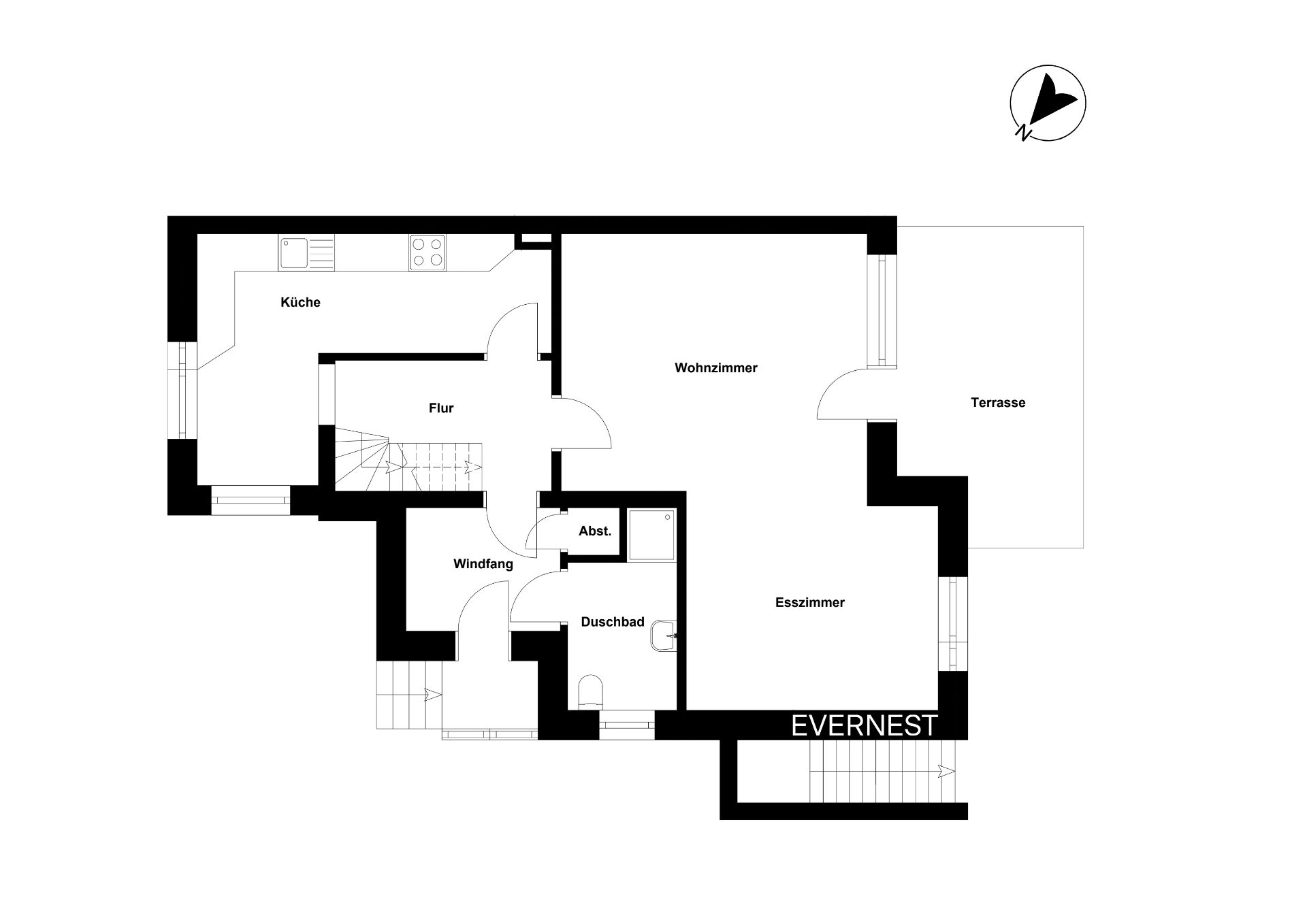 Grundriss mit Küche, Wohnzimmer, Esszimmer, Flur, Duschbad, Abstellraum und Terrasse.