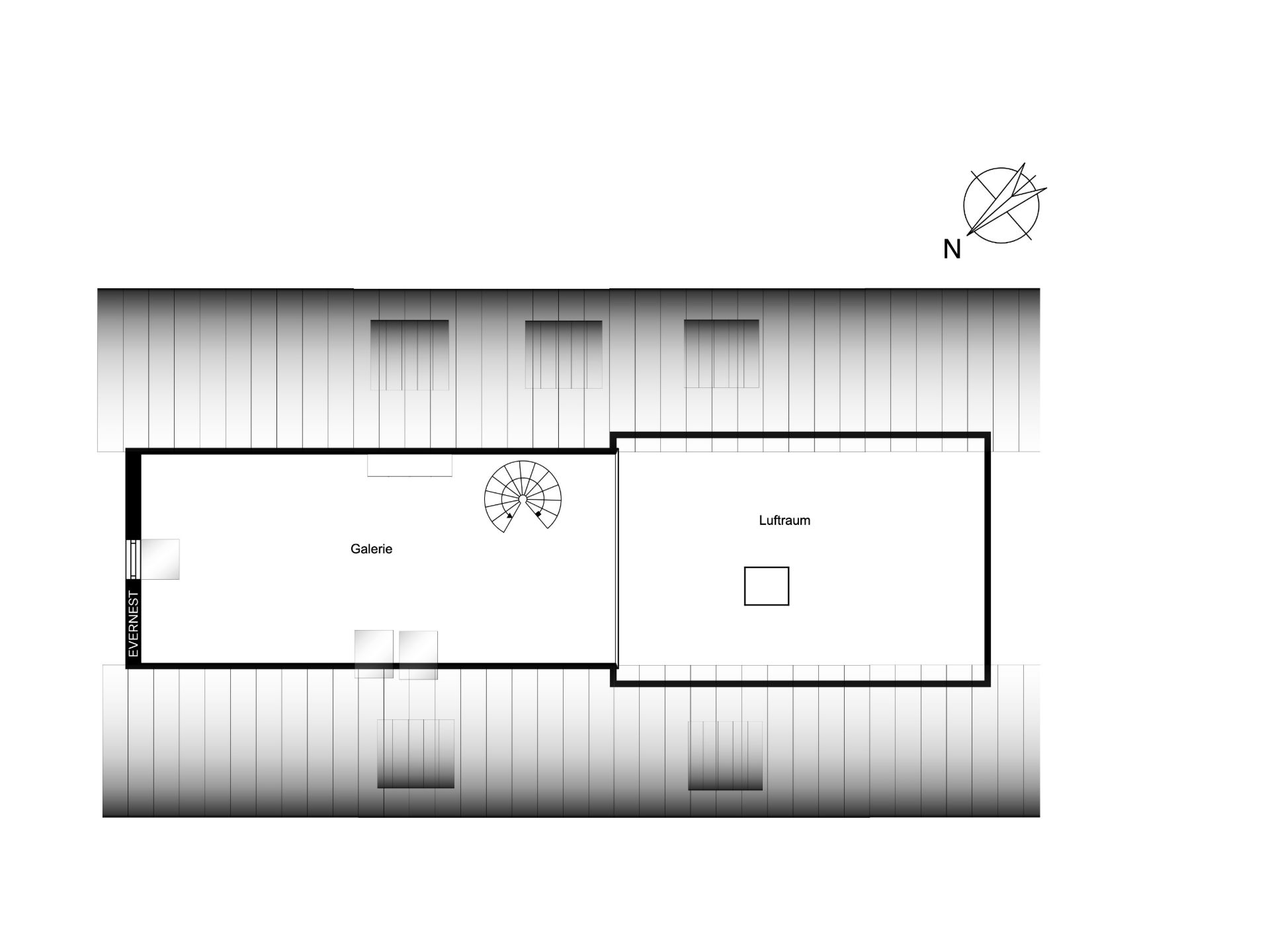 Grundriss eines Obergeschosses mit Galerie, Luftraum und Wendeltreppe.