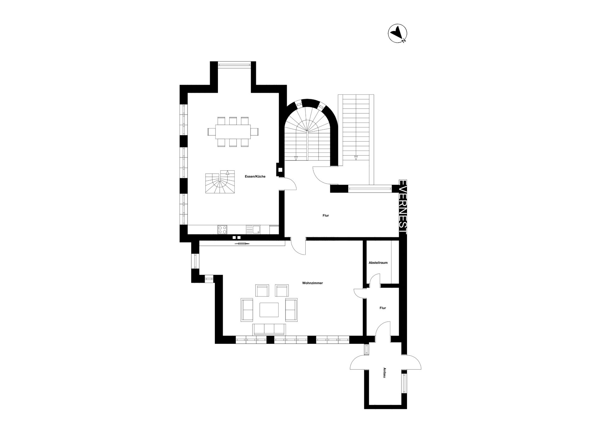 Grundriss eines Wohnhauses mit Esszimmer, Wohnzimmer und Flur.