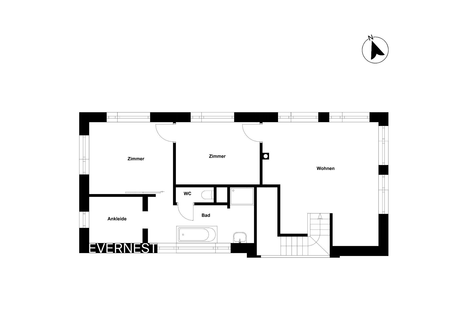 Grundriss mit zwei Zimmern, Ankleide, WC, Bad und großem Wohnbereich.