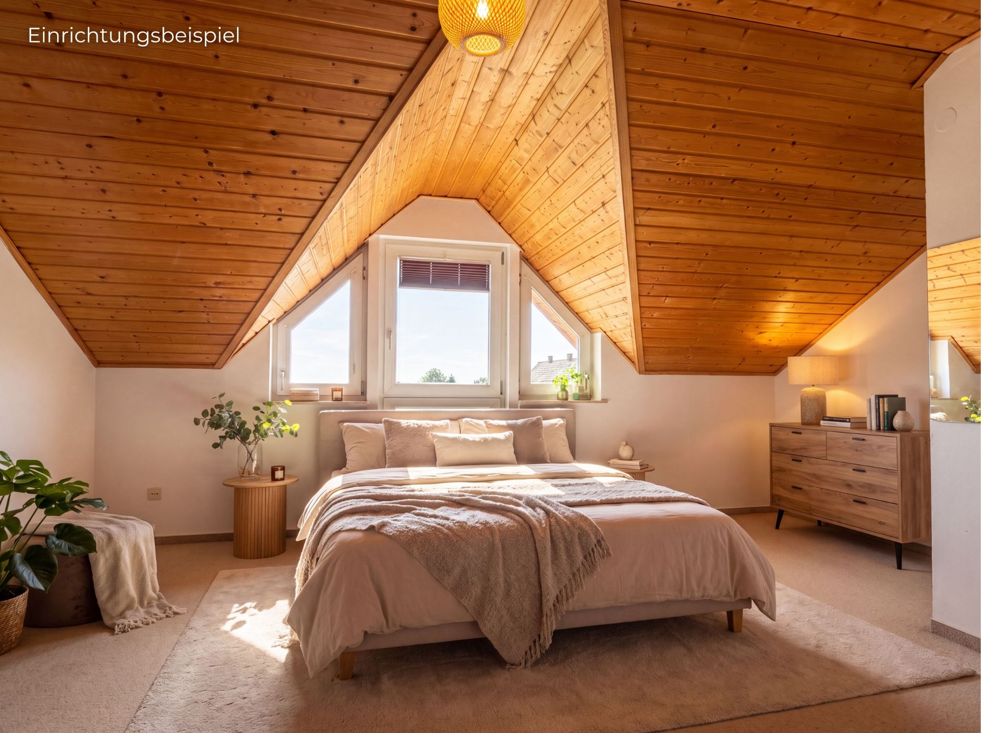 Gemütliches Schlafzimmer mit Holzdachschräge, großem Bett, Pflanzen und Kommode.