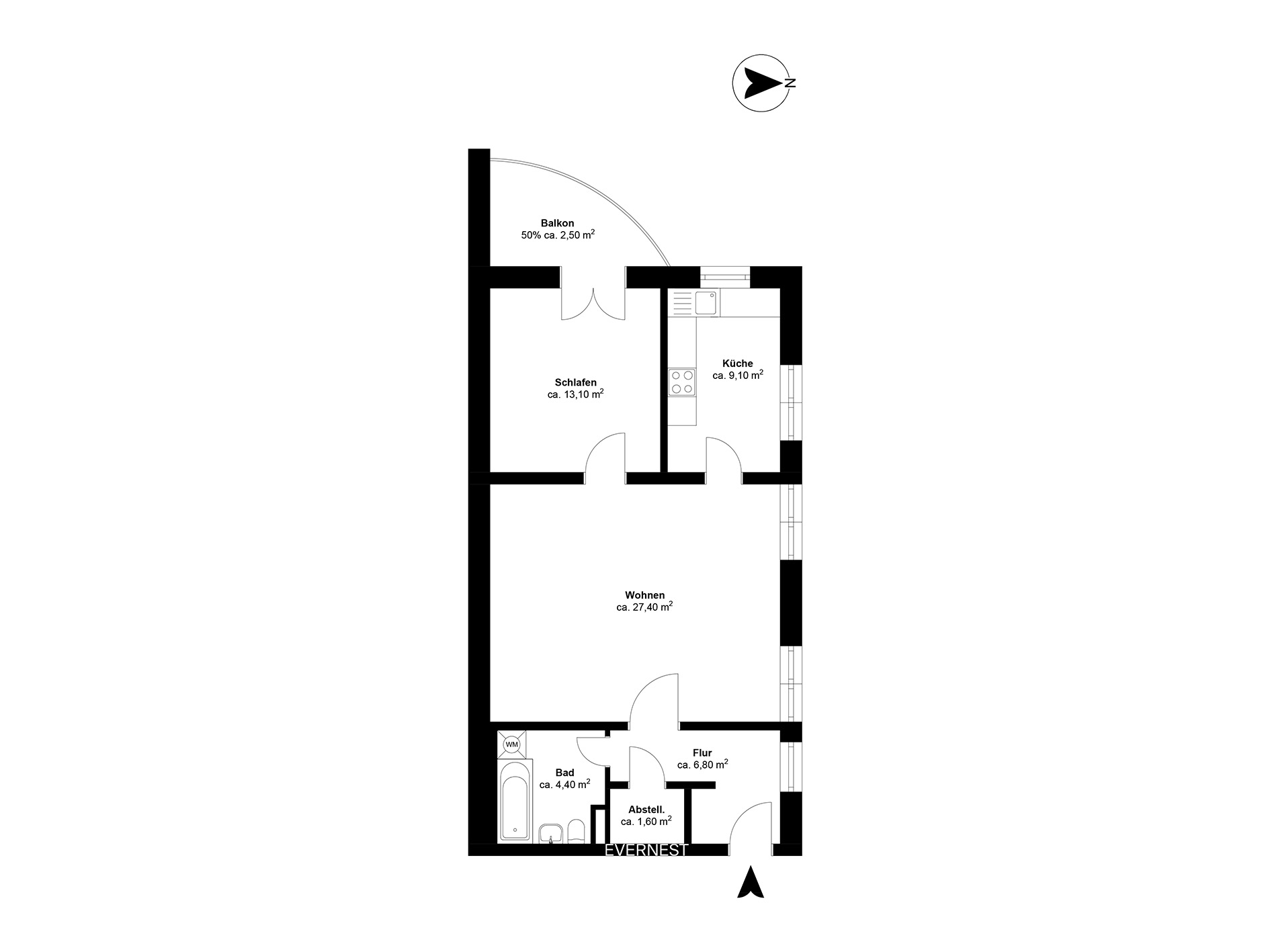 Grundriss einer Wohnung mit Balkon, Schlafzimmer, Küche, Wohnzimmer, Bad, Flur und Abstellraum.