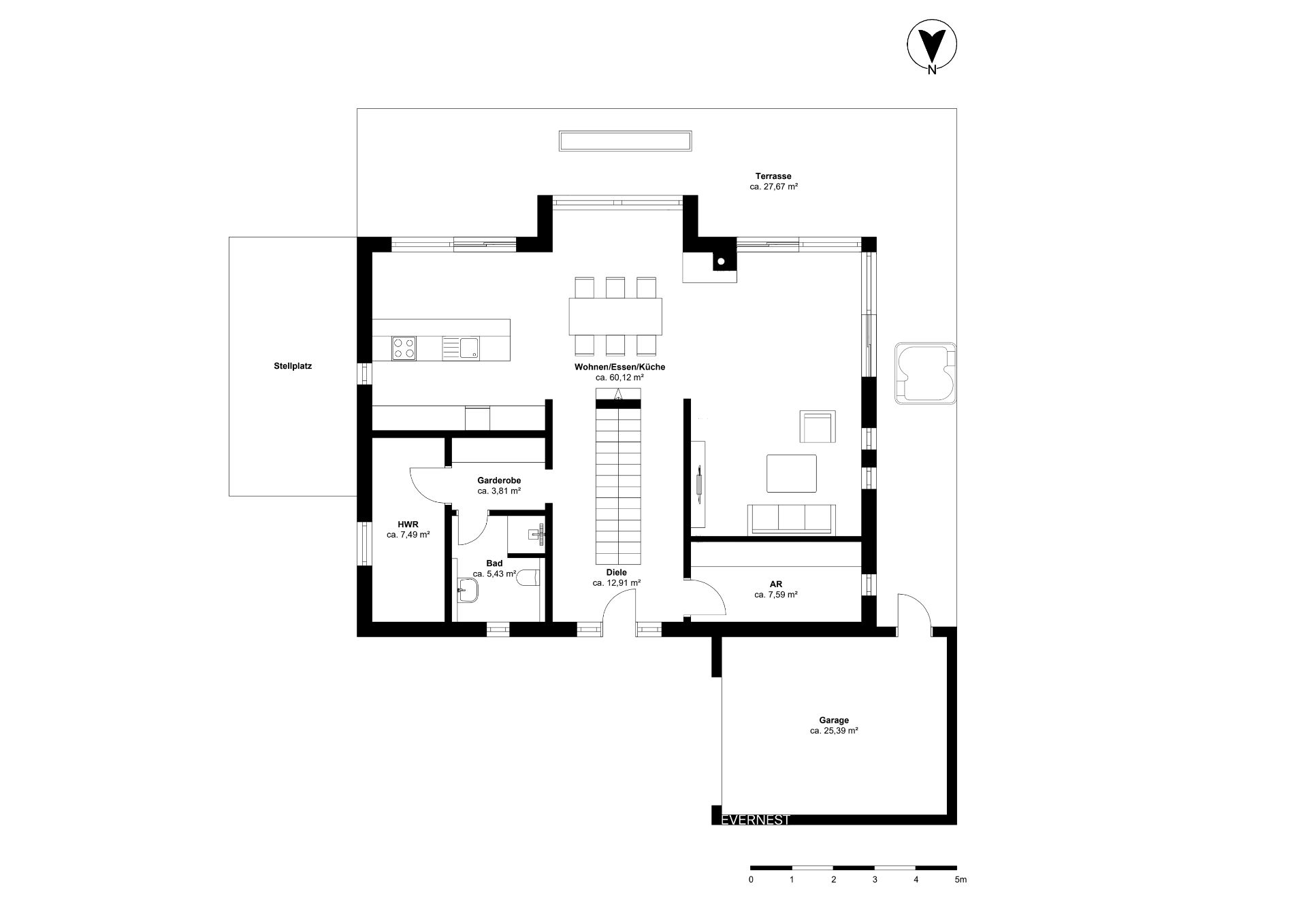 Grundriss eines Erdgeschosses mit Wohnzimmer, Küche, Bad, Hauswirtschaftsraum, Garage und Terrasse.