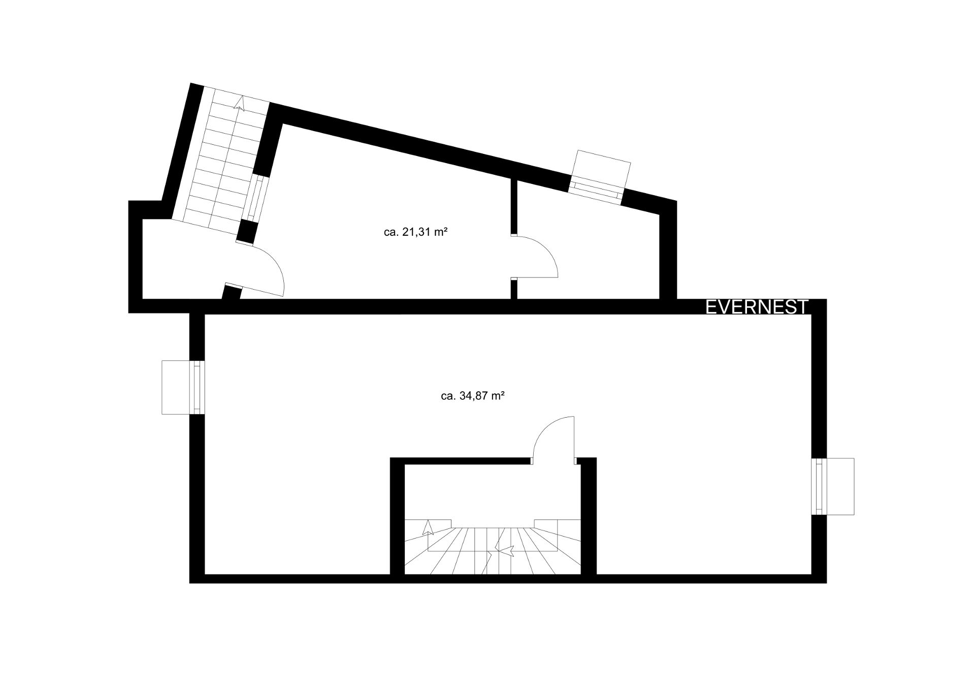 Grundriss mit zwei Räumen, Türen, Fenstern und Treppen, Flächen sind beschriftet.
