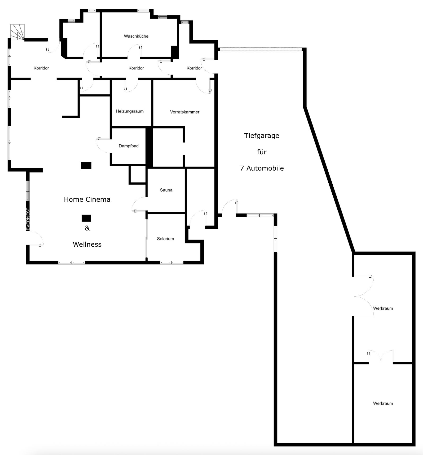 Grundriss eines Hauses mit Heimkino, Wellness, Sauna, Solarium, Waschküche und Garage für 7 Autos.