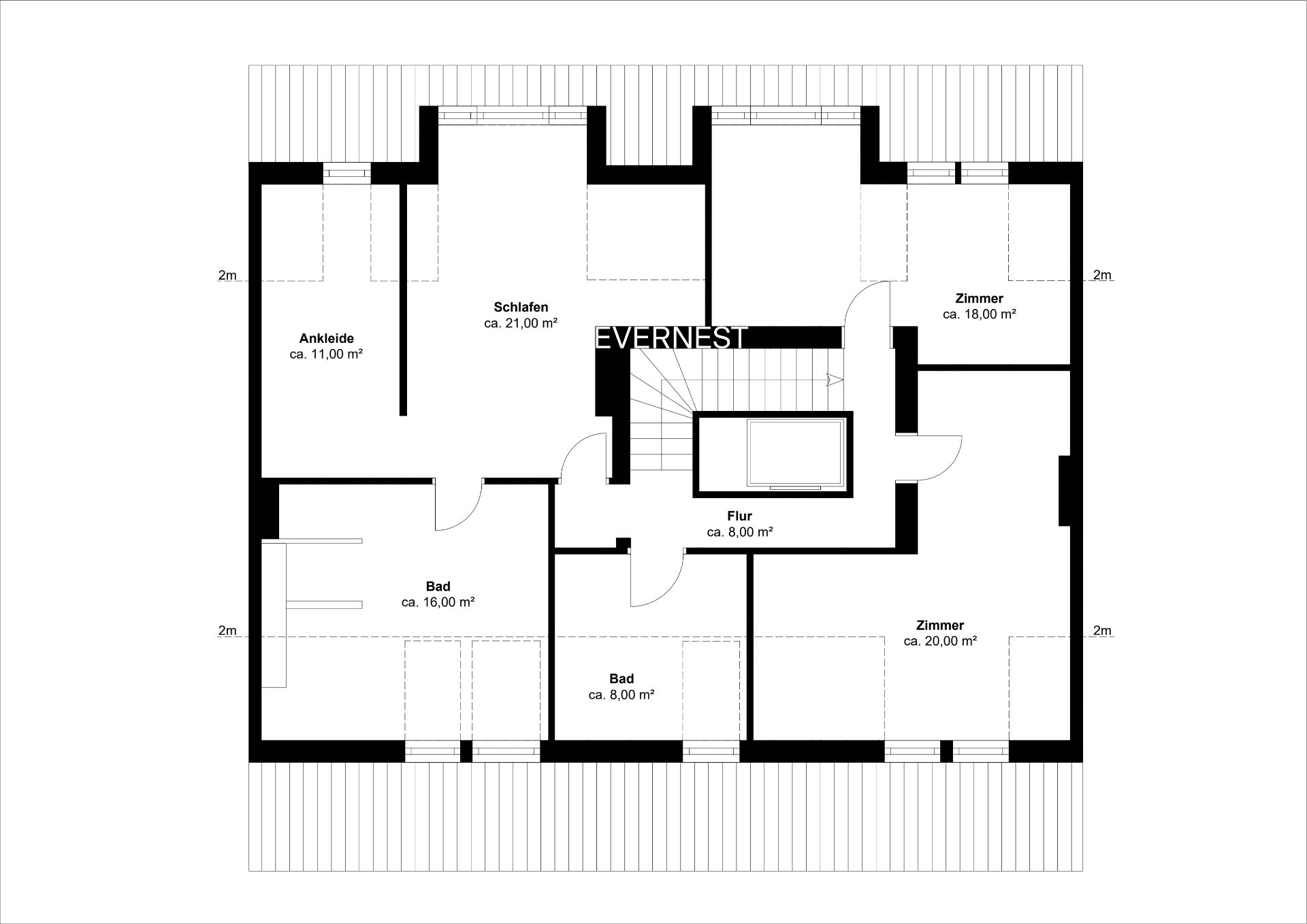 Grundriss mit Schlafzimmer, zwei Bädern, Ankleide, Flur und zwei weiteren Zimmern.
