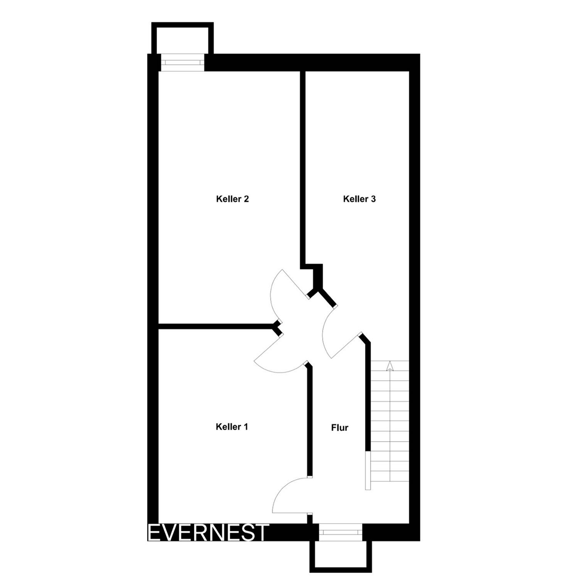 Grundriss eines Kellers mit drei Räumen und Flur, beschriftet als Keller 1, 2, 3 und Flur.