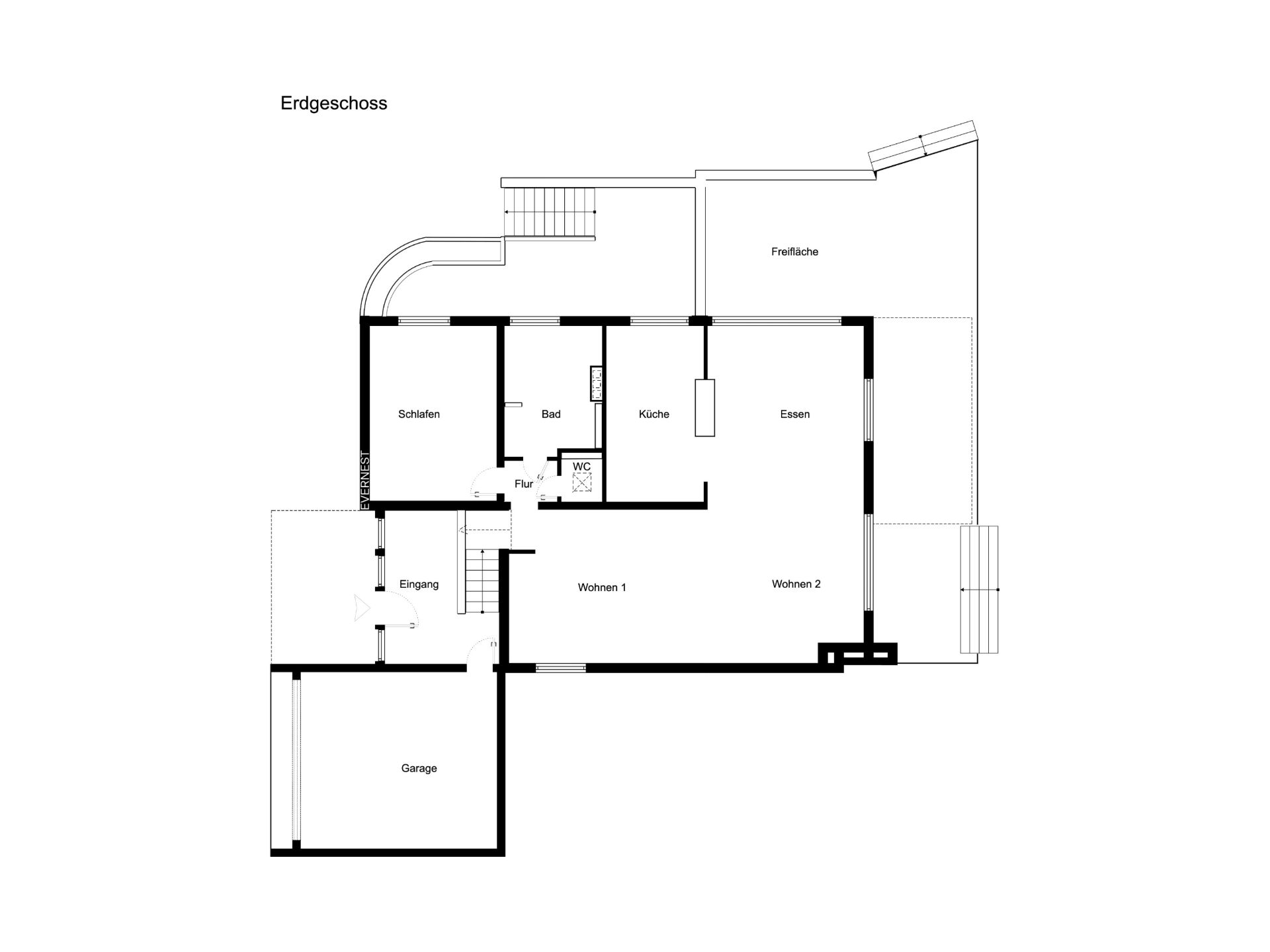 Grundriss des Erdgeschosses mit Garage, Schlafzimmer, Bad, Küche, Wohnräumen und Essbereich.