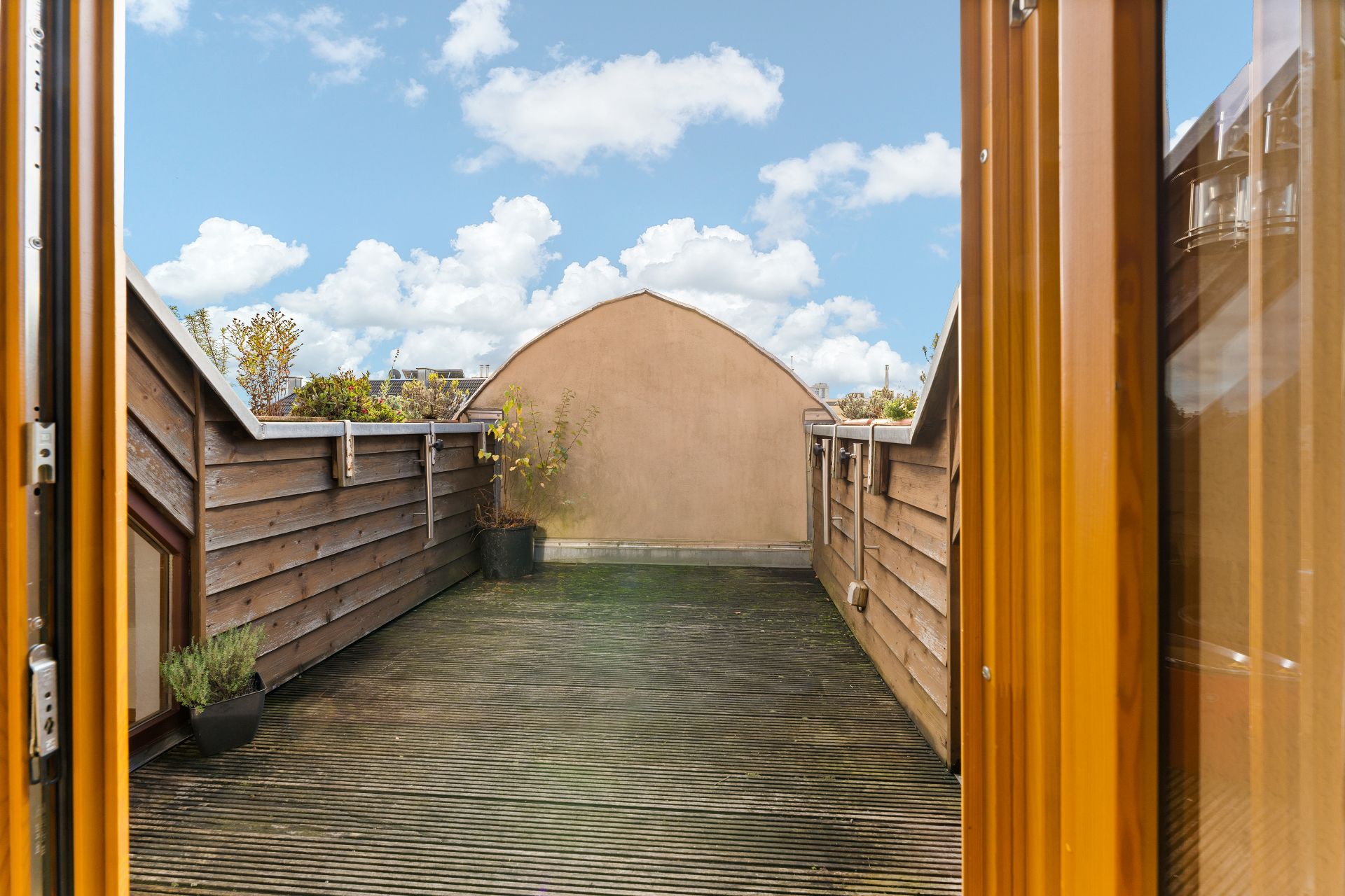 Dachterrasse mit Holzboden und seitlichen Holzwänden, zwei Pflanzen in schwarzen Töpfen.