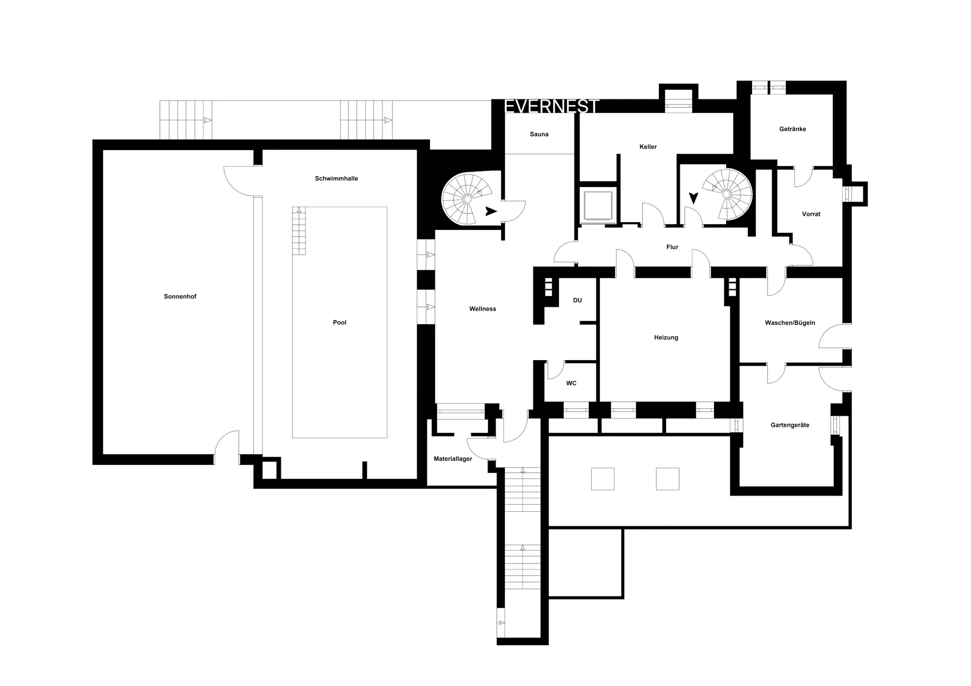 Grundriss mit Pool, Schwimmhalle, Sauna, Wellnessbereich, Heizungsraum und mehreren Abstellräumen.