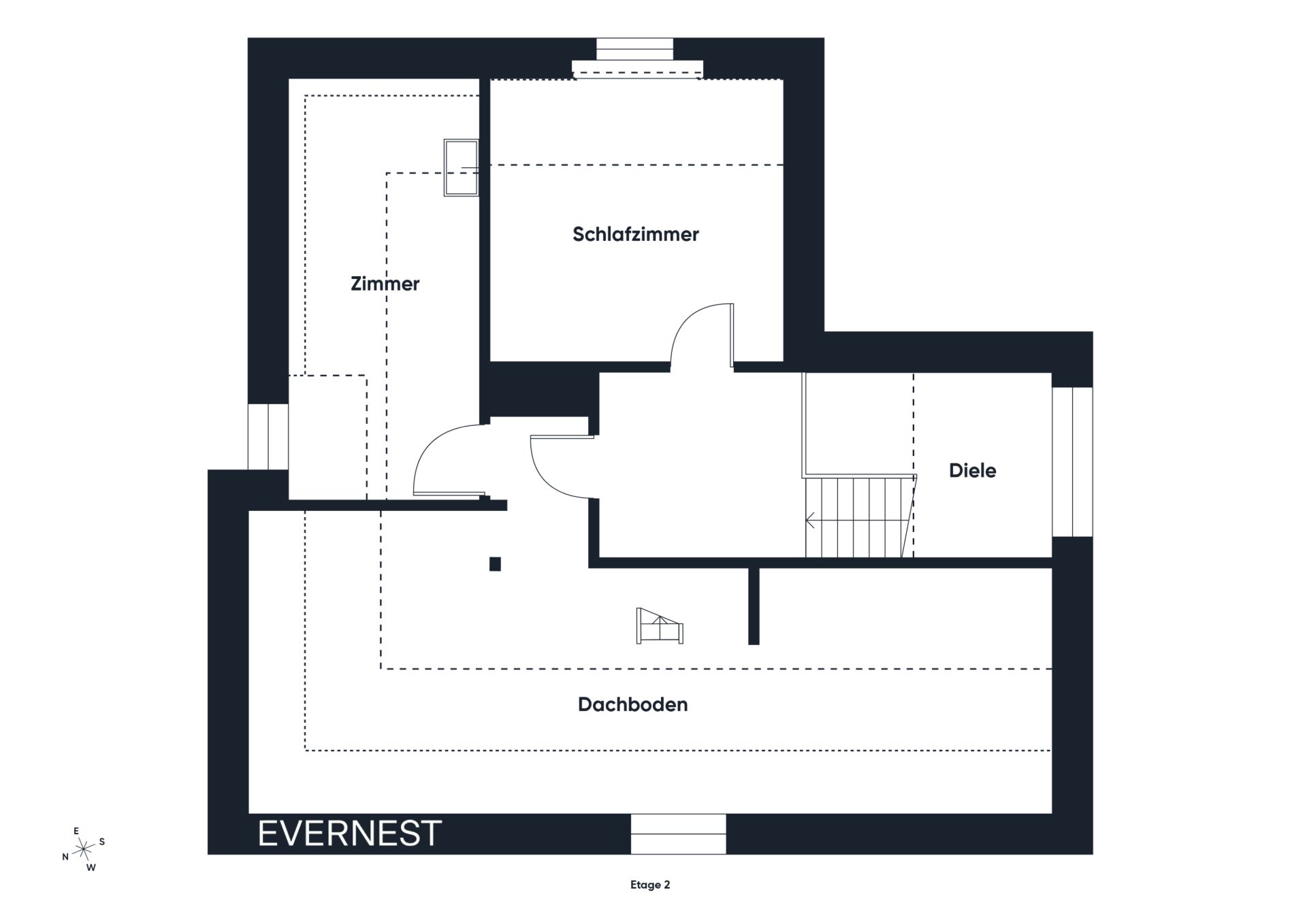 Grundriss mit Schlafzimmer, Zimmer, Diele und Dachboden, deutlich beschriftet.