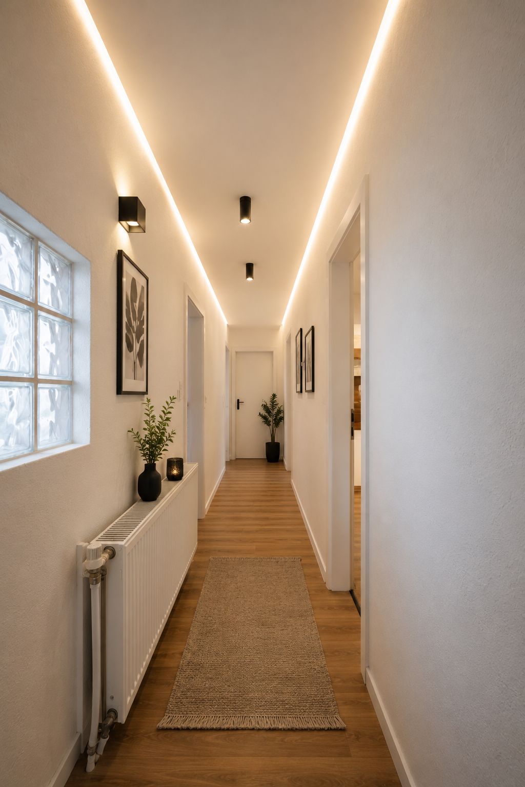 Heller Flur mit Holzboden, Teppich, Pflanzen und Wandbildern in einem Wohnhaus.
