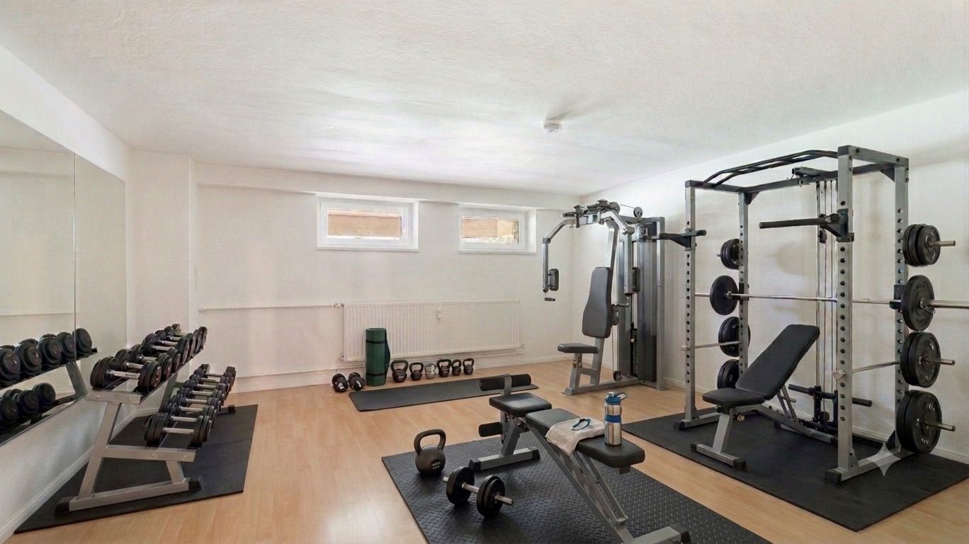 Fitnessraum mit Hanteln, Hantelbank und Kraftstation auf Holzboden.