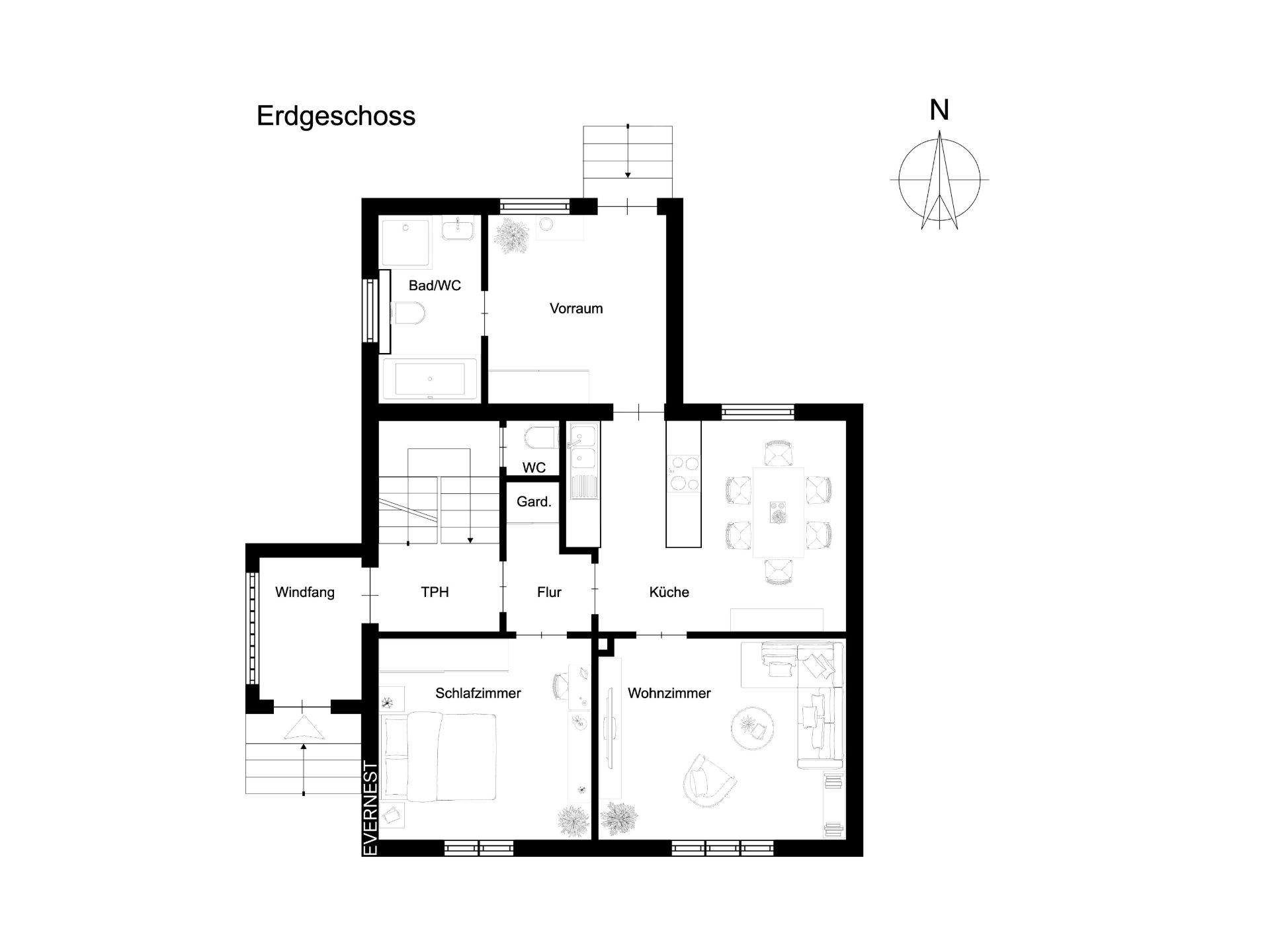 Grundriss des Erdgeschosses mit Schlafzimmer, Wohnzimmer, Küche, Bad und Flur.