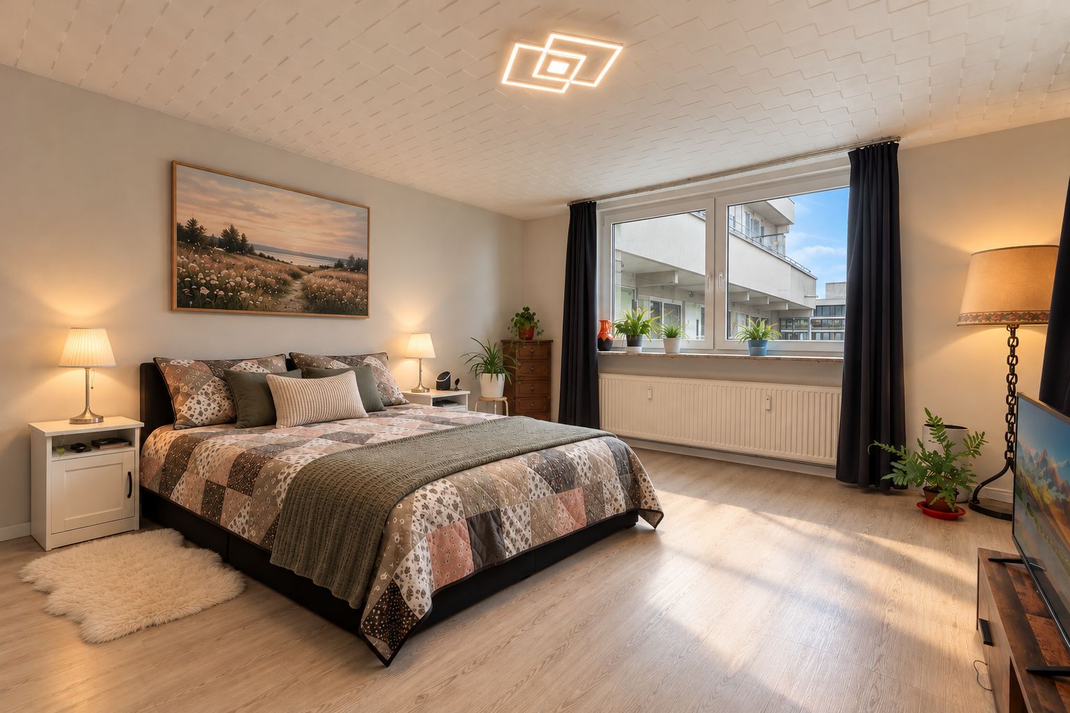 Helles Schlafzimmer mit Doppelbett, Nachttischen, Fenster, Pflanzen und stilvoller Beleuchtung.