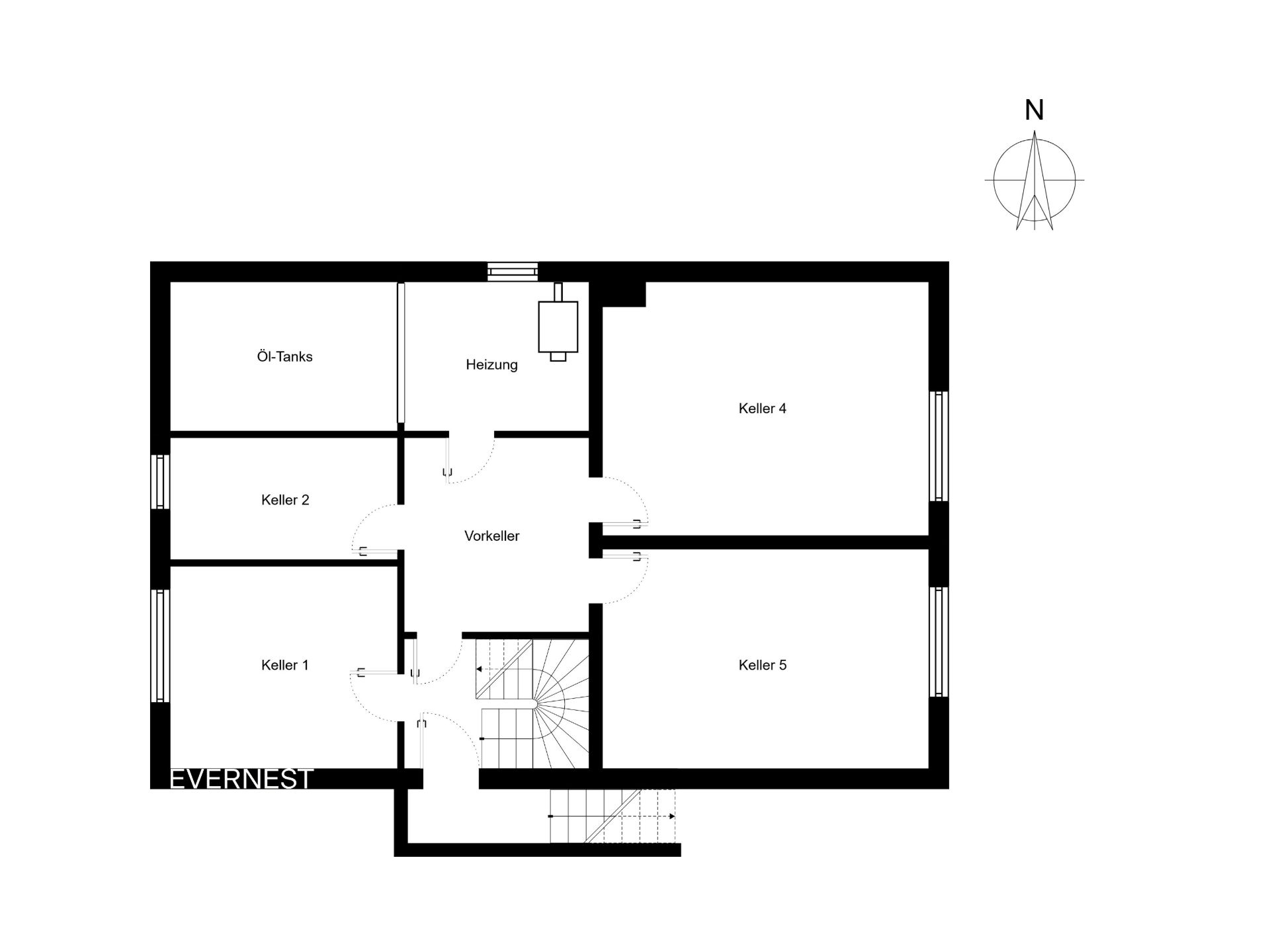 Grundriss eines Kellers mit fünf Räumen, Heizungsraum und Öltanks.