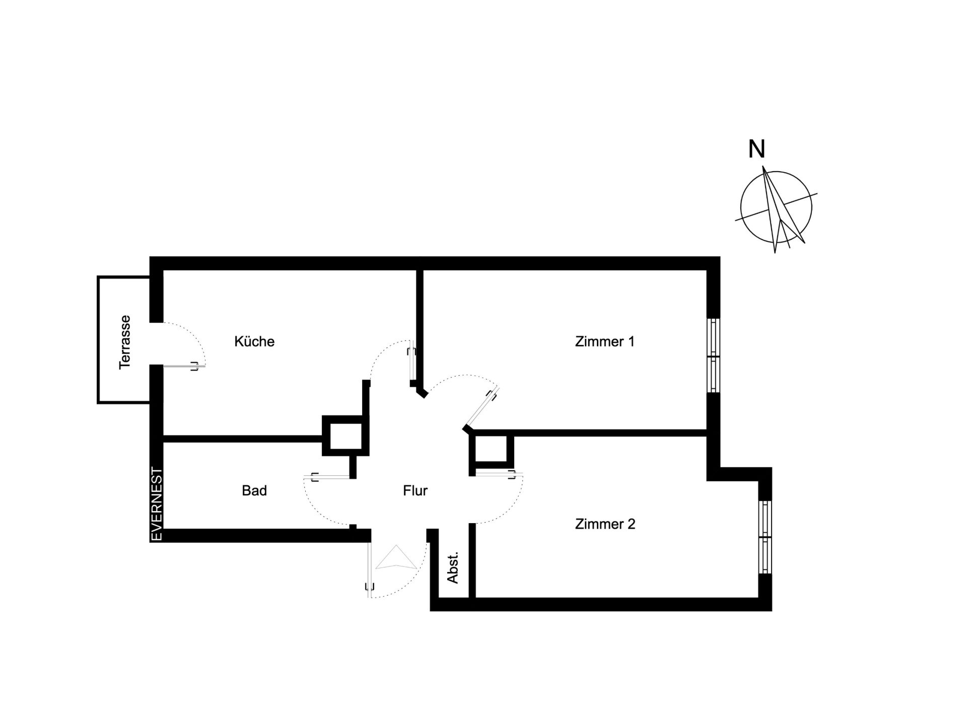 Grundriss einer Wohnung mit Küche, Bad, Flur, Abstellraum, zwei Zimmern und Terrasse.