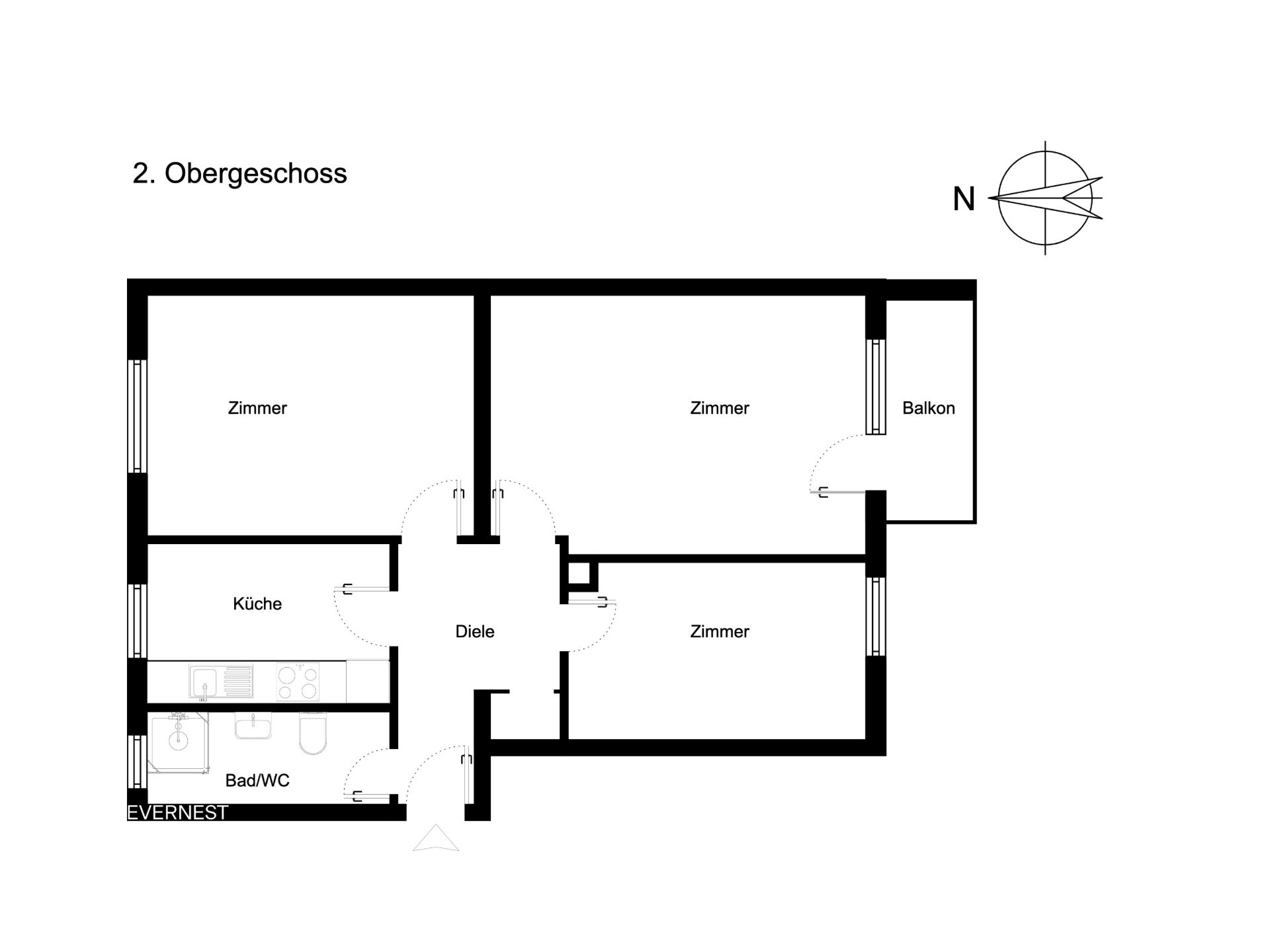 Grundriss der zweiten Etage mit drei Zimmern, Küche, Bad, Diele und Balkon.