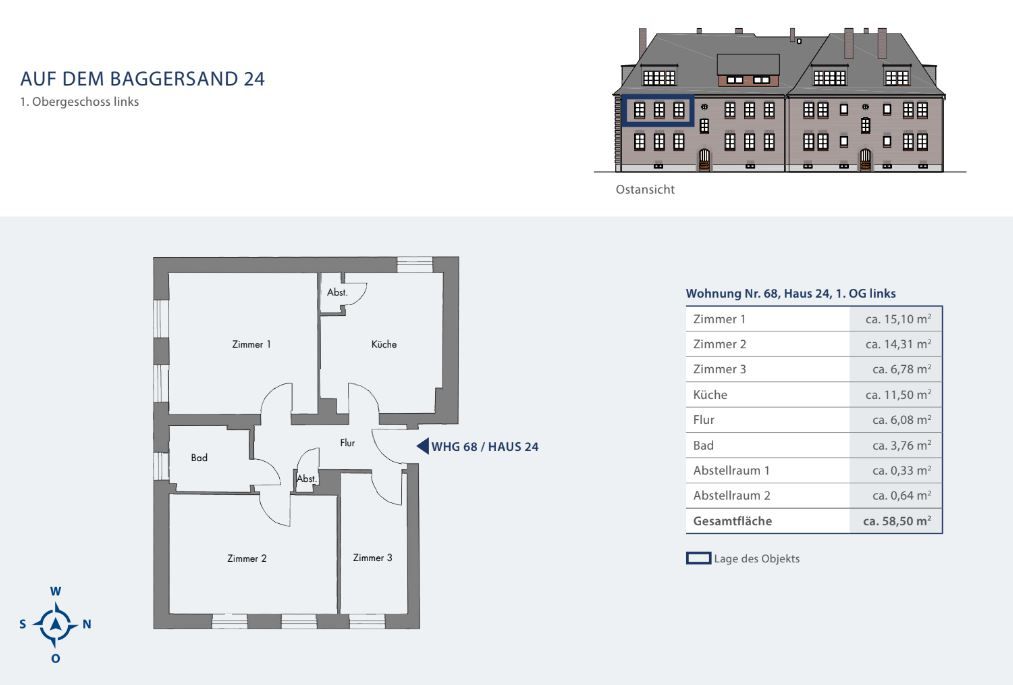 Grundriss einer Wohnung mit drei Zimmern, Küche, Bad, Flur und Abstellräumen sowie Außenansicht des Gebäudes.