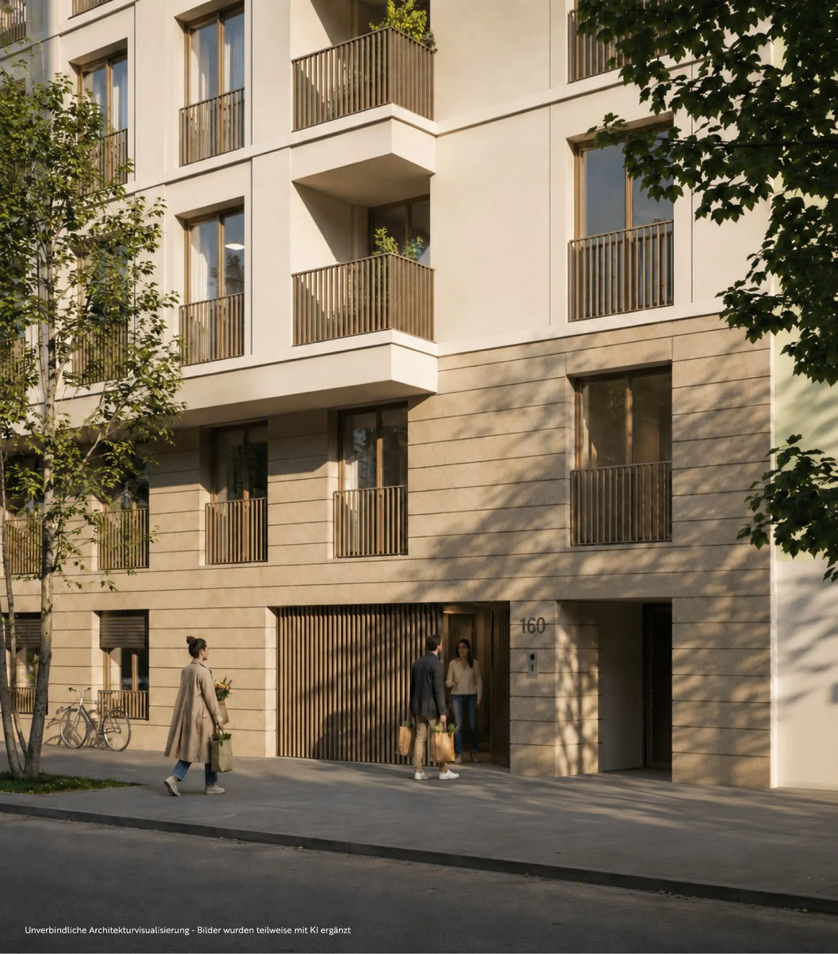 Moderne Wohnhausfassade mit Balkonen, Bäumen und zwei Personen am Eingang.