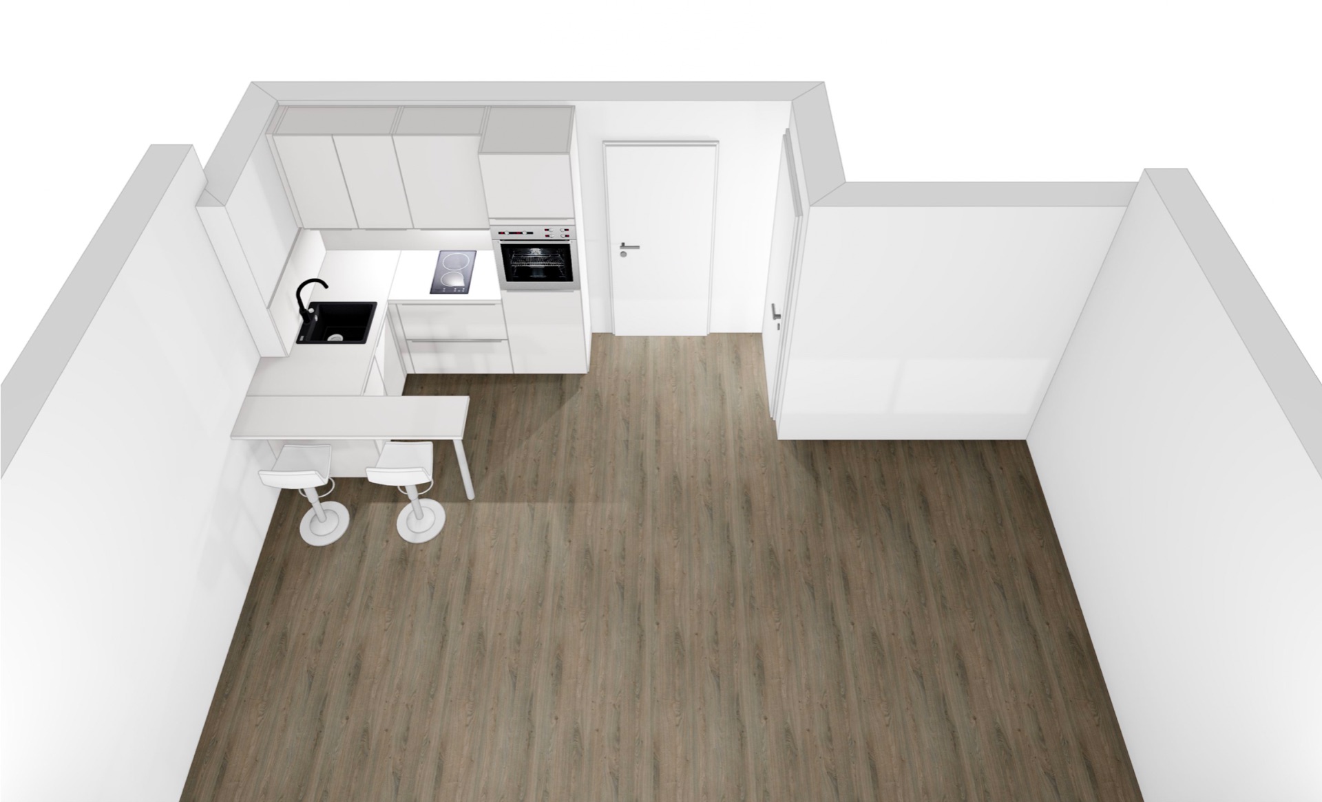 Moderne Einbauküche mit zwei Hockern, Holzfußboden und weißem Wänden in leerem Raum.