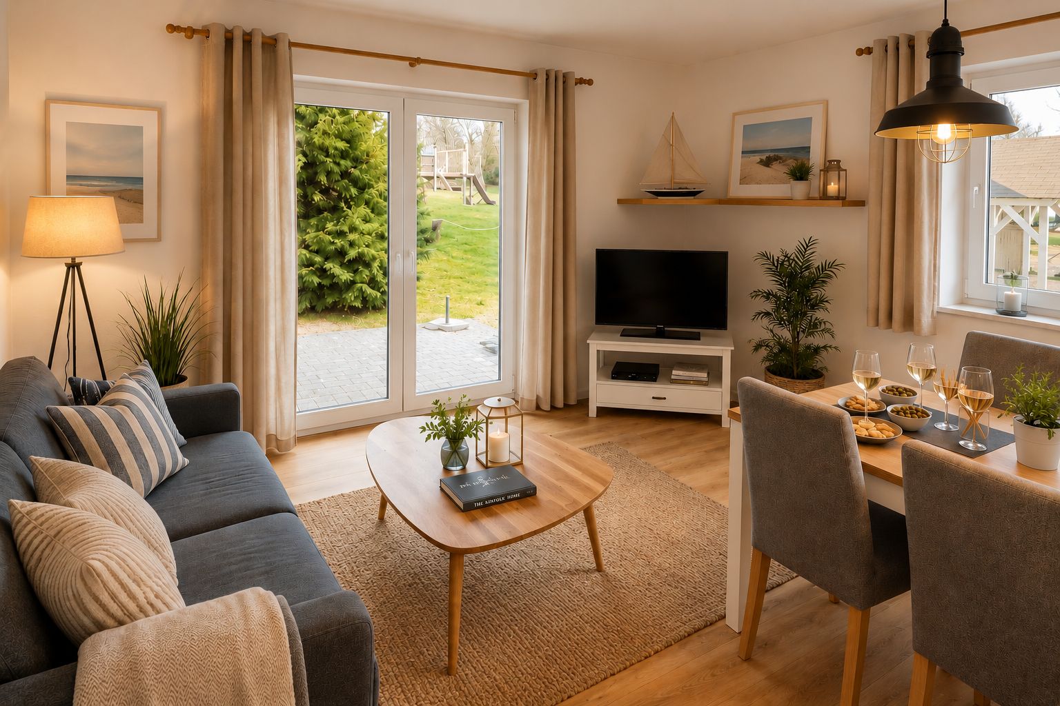 Gemütliches Wohnzimmer mit grauem Sofa, Esstisch, Fernseher und Blick in den Garten.