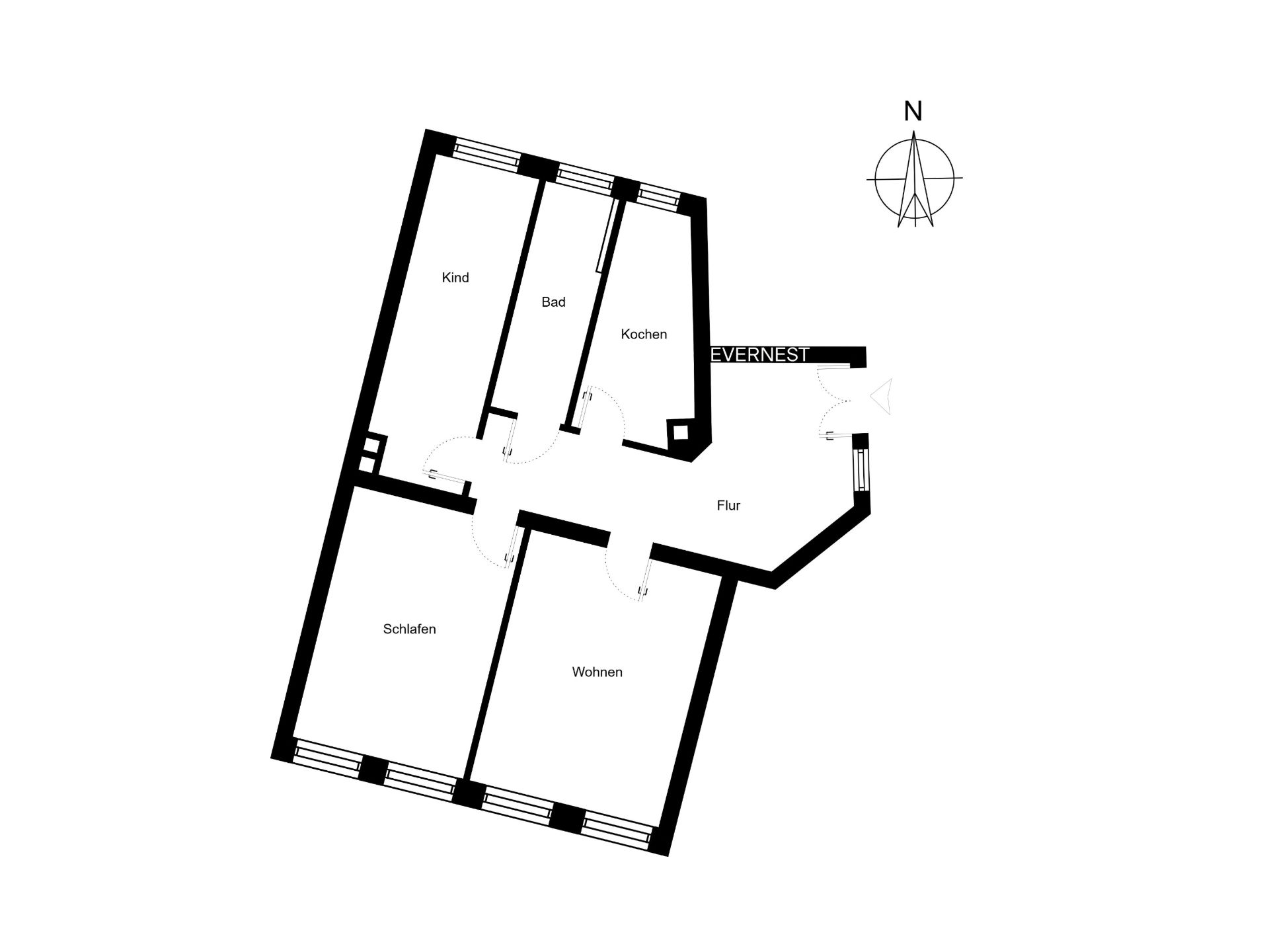 Grundriss mit Zimmern: Kind, Schlafen, Wohnen, Bad, Kochen und Flur.