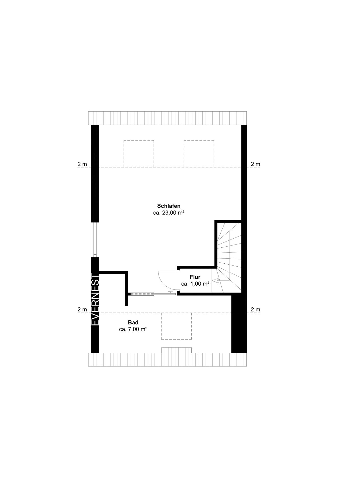 Grundriss zeigt Schlafzimmer, Flur und Bad mit angegebenen Quadratmetern.