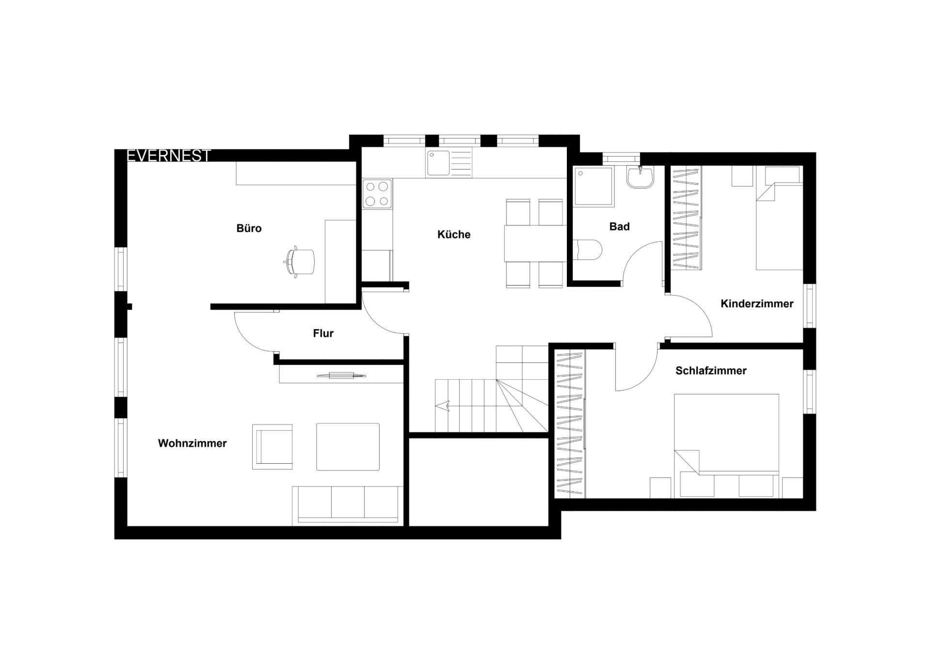 Grundriss einer Wohnung mit Wohnzimmer, Büro, Küche, Bad, Schlafzimmer und Kinderzimmer.