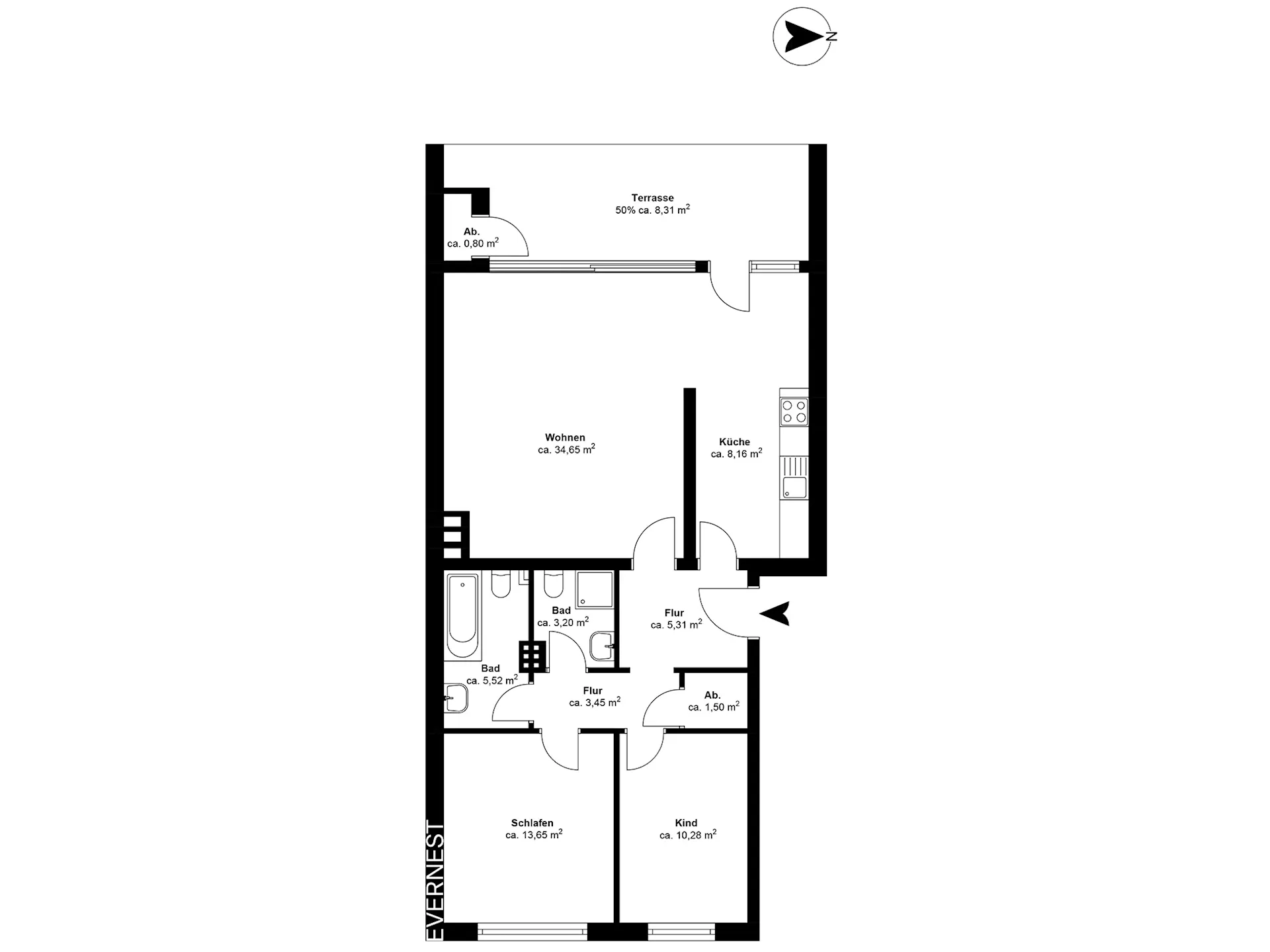 Grundriss einer Wohnung mit Wohnzimmer, Schlafzimmer, Kinderzimmer, Küche, Bad und Terrasse.