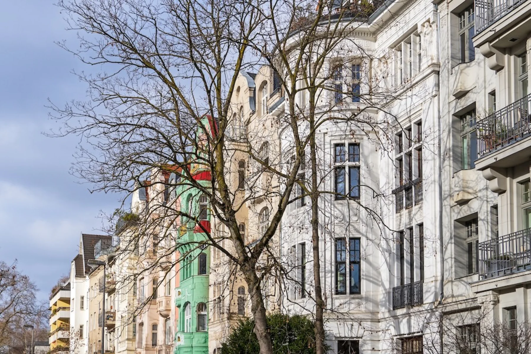 Mehrstöckige Wohnhäuser mit Balkonen und einem laublosen Baum im Vordergrund.