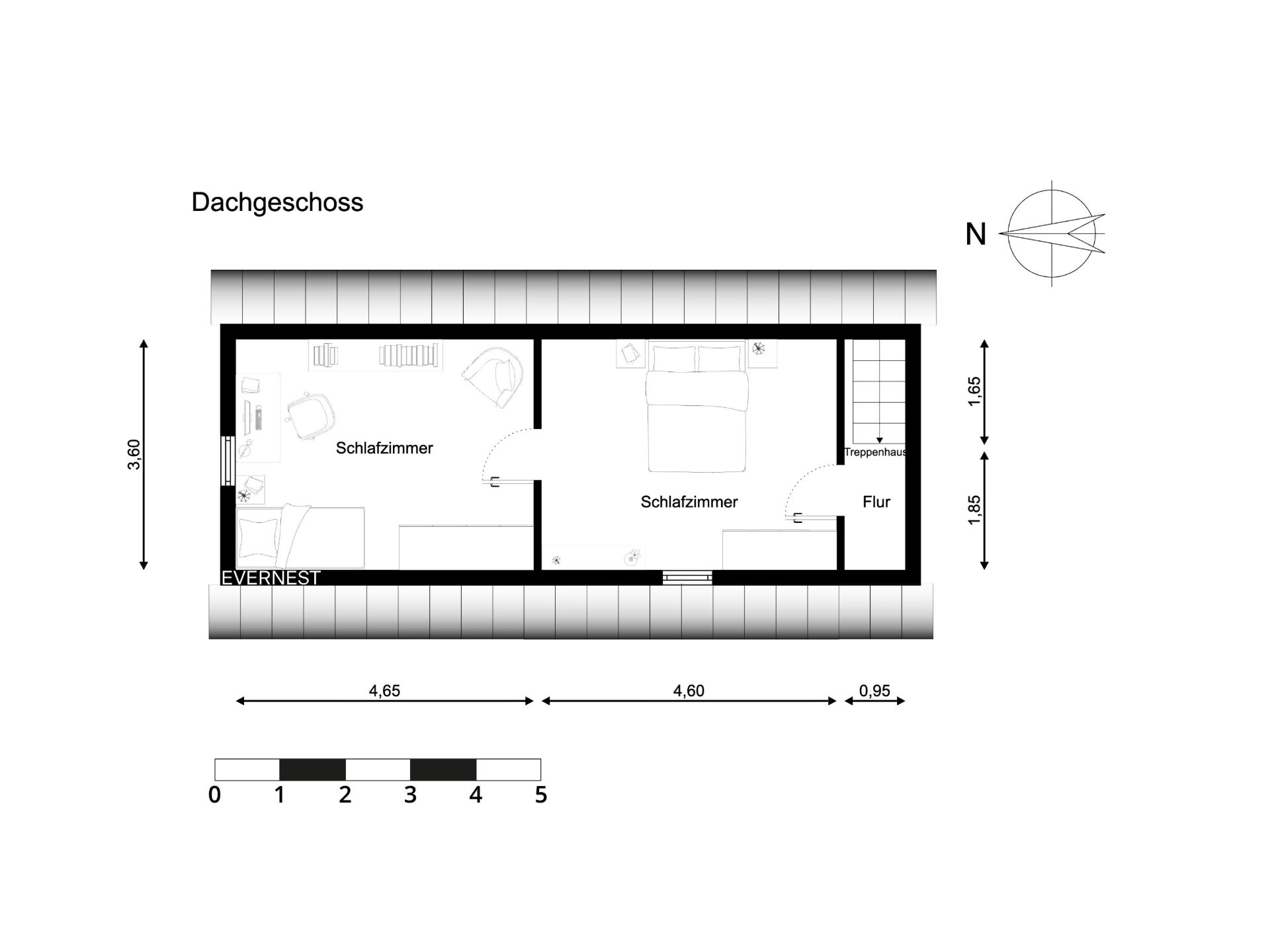 Grundriss eines Dachgeschosses mit zwei Schlafzimmern und Flur.