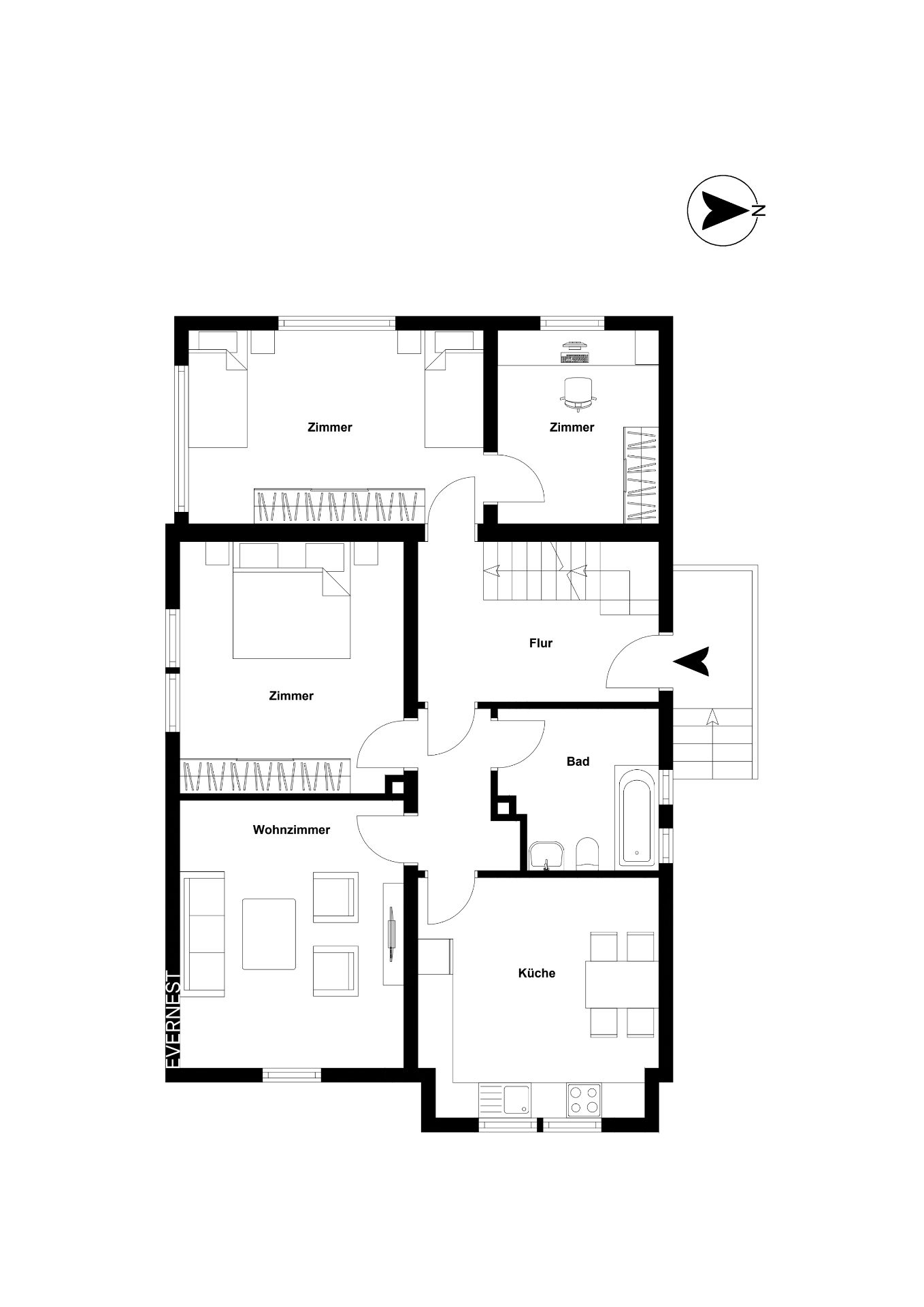 Grundriss einer Wohnung mit drei Zimmern, Wohnzimmer, Küche, Bad und Flur.