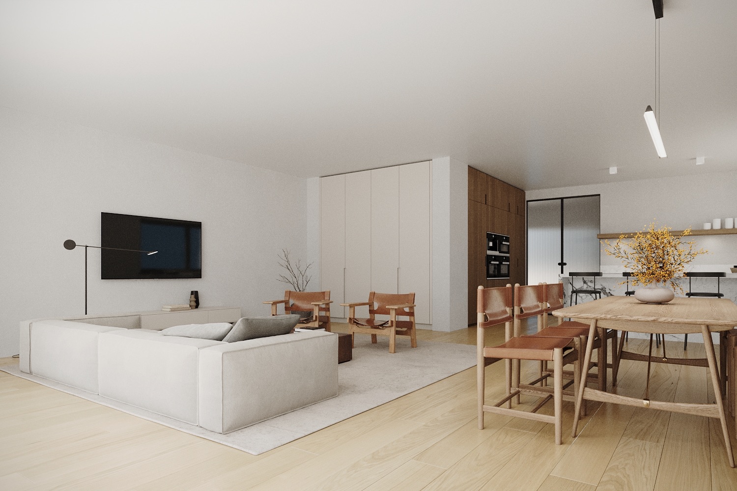 Helles Wohnzimmer mit Sofa, TV, Essbereich und offener Küche auf Holzboden.