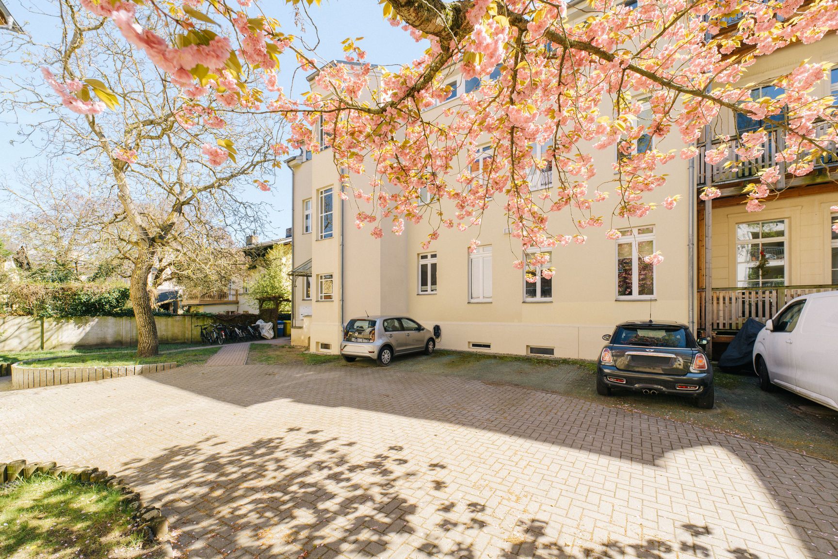 Hof mit parkenden Autos, blühendem Baum und gelbem Wohngebäude im Hintergrund.