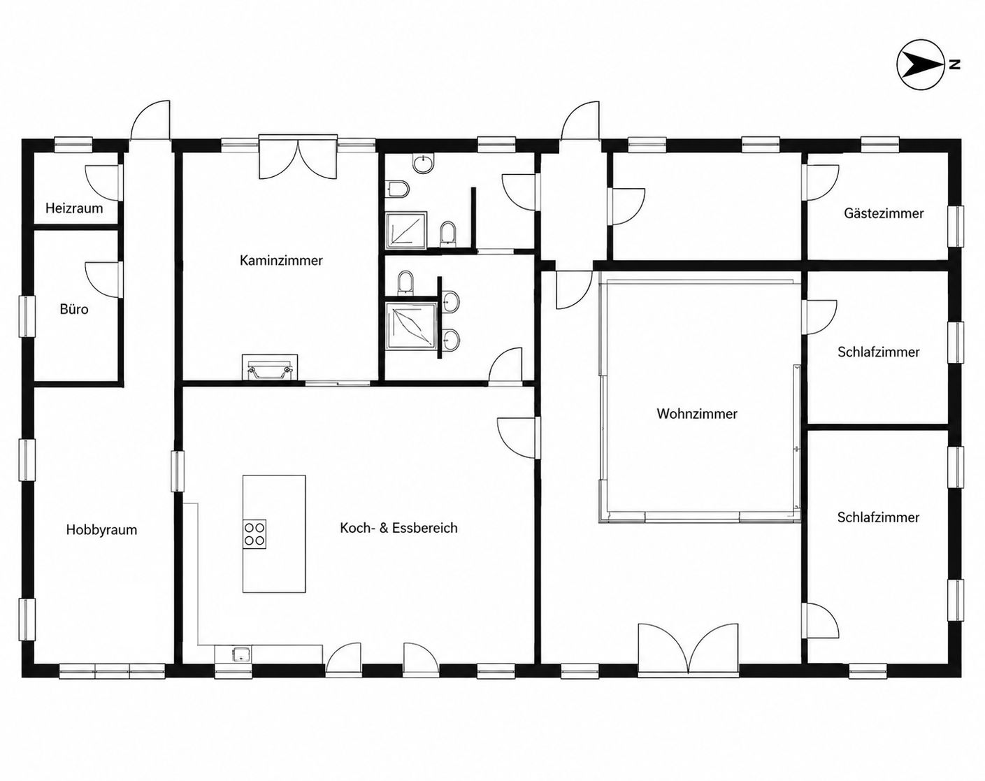Grundriss eines Hauses mit Kaminzimmer, Wohn- und Schlafzimmern, Büro, Hobbyraum und Küche.