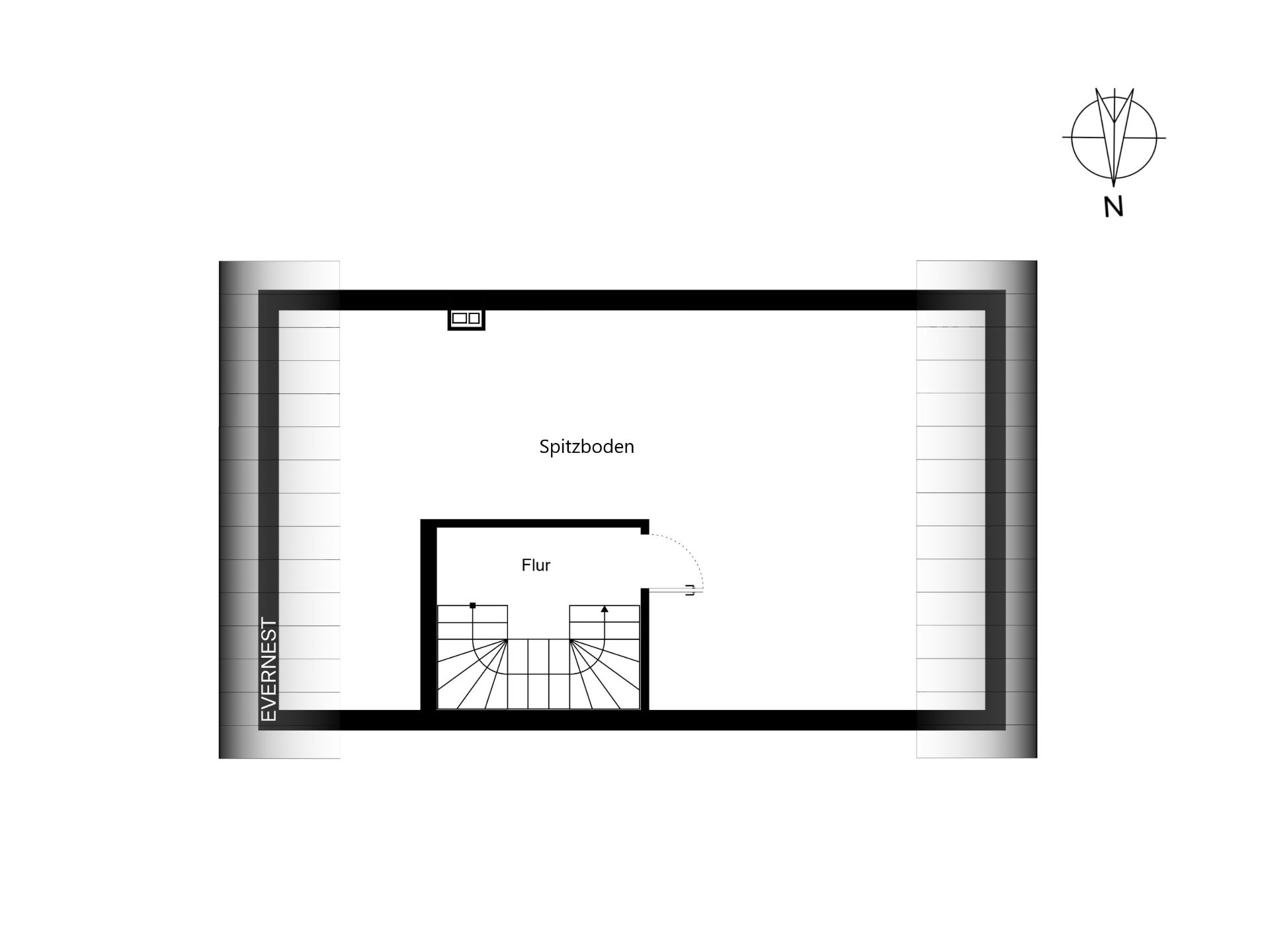 Grundriss eines Dachgeschosses mit Flur und Spitzboden, Treppe in der Mitte.