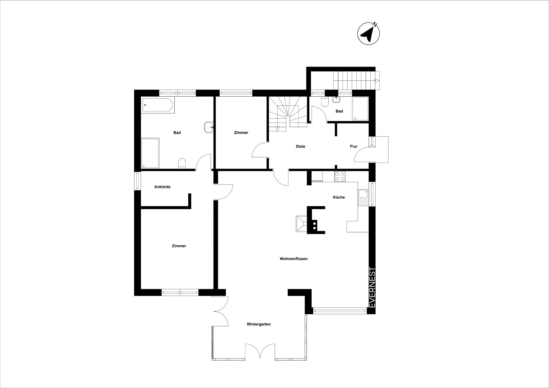 Grundriss mit zwei Bädern, Küche, Wintergarten, Wohn-/Essbereich und mehreren Zimmern.