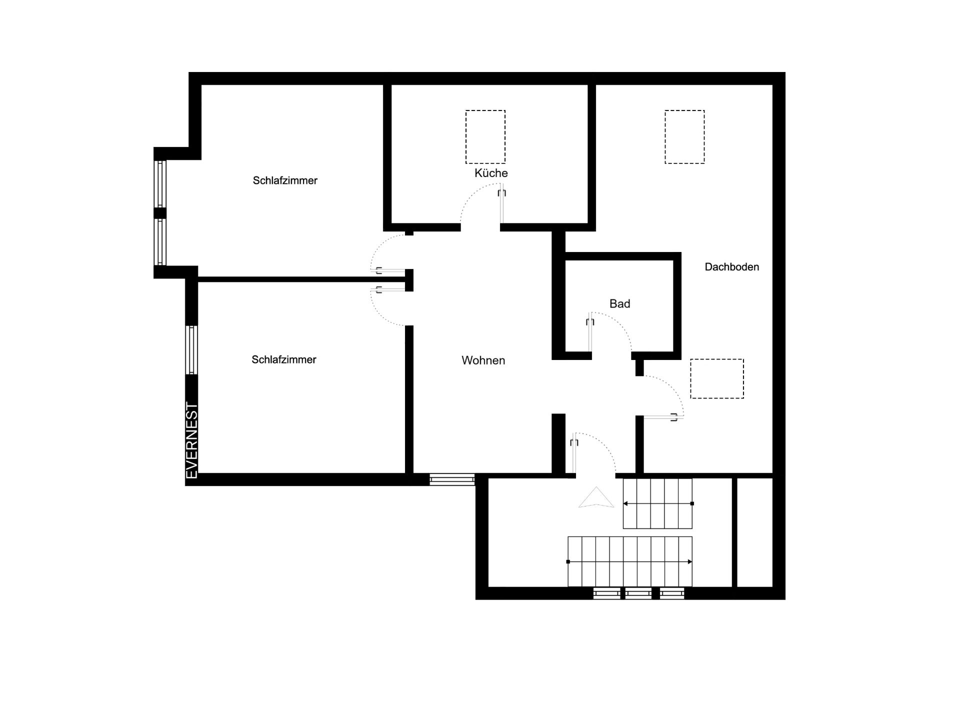 Grundriss mit zwei Schlafzimmern, Küche, Bad, Wohnzimmer, Dachboden und Treppenhaus.